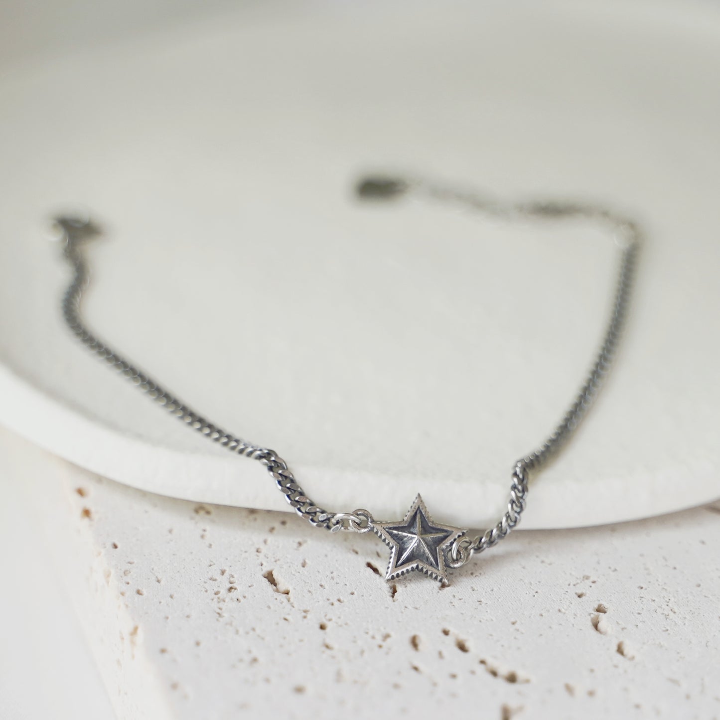 Oxidized Sterling Silver Retro Star Curb Chain Star Anklet Biker Unisex Bracelet