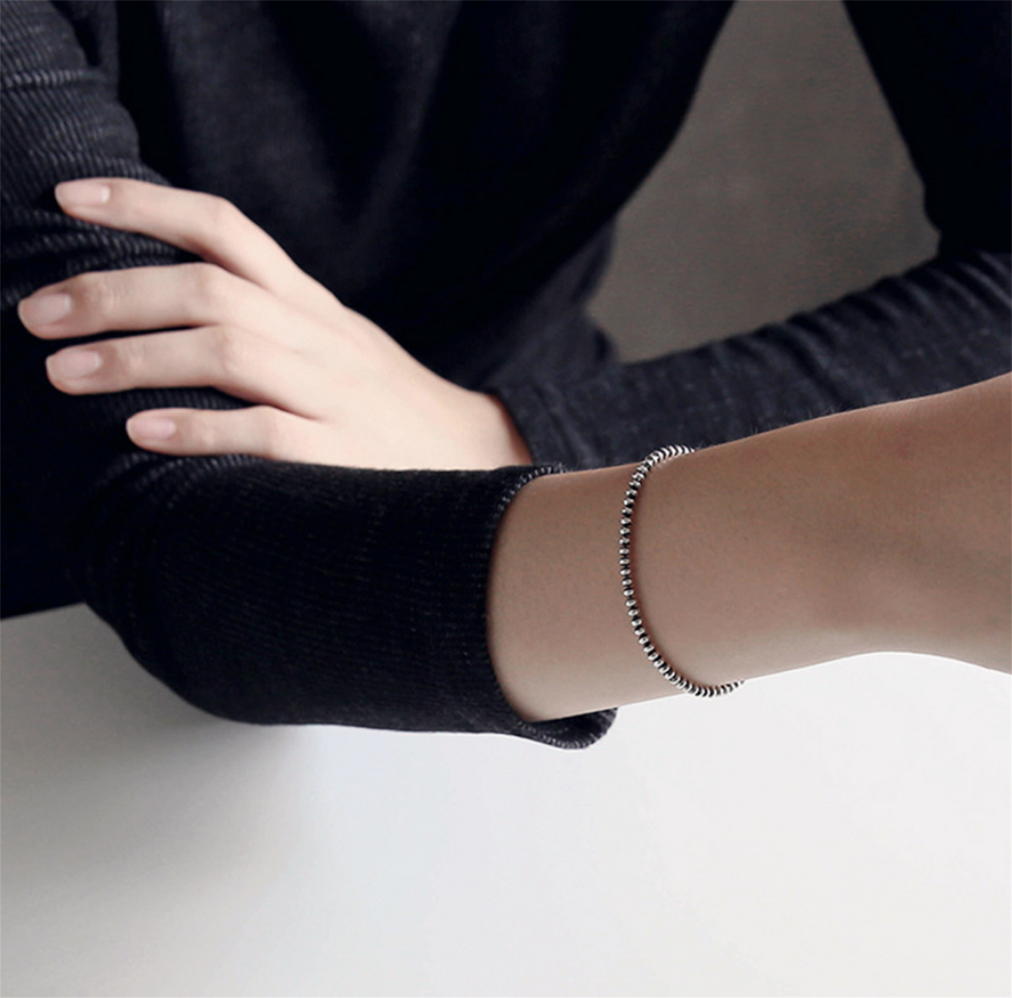 Sterling Silver Oxidized Flat Bead Ball Linked Beads Stack Bracelet