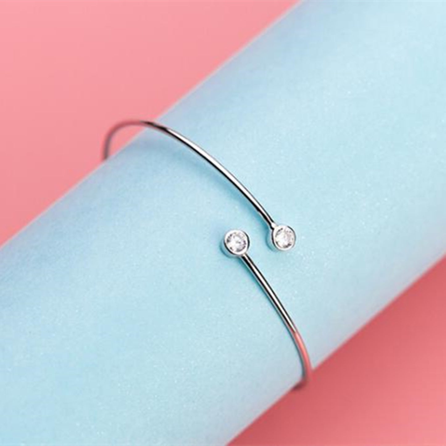 Sterling Silver Double Bezel 3mm CZ Torque Open Band Bangle Bracelet