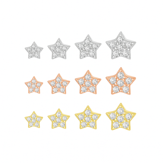 Sterling Silver Paved CZ Star Stud Earrings Rhodium Gold Rose Gold Tones 4 - 7mm