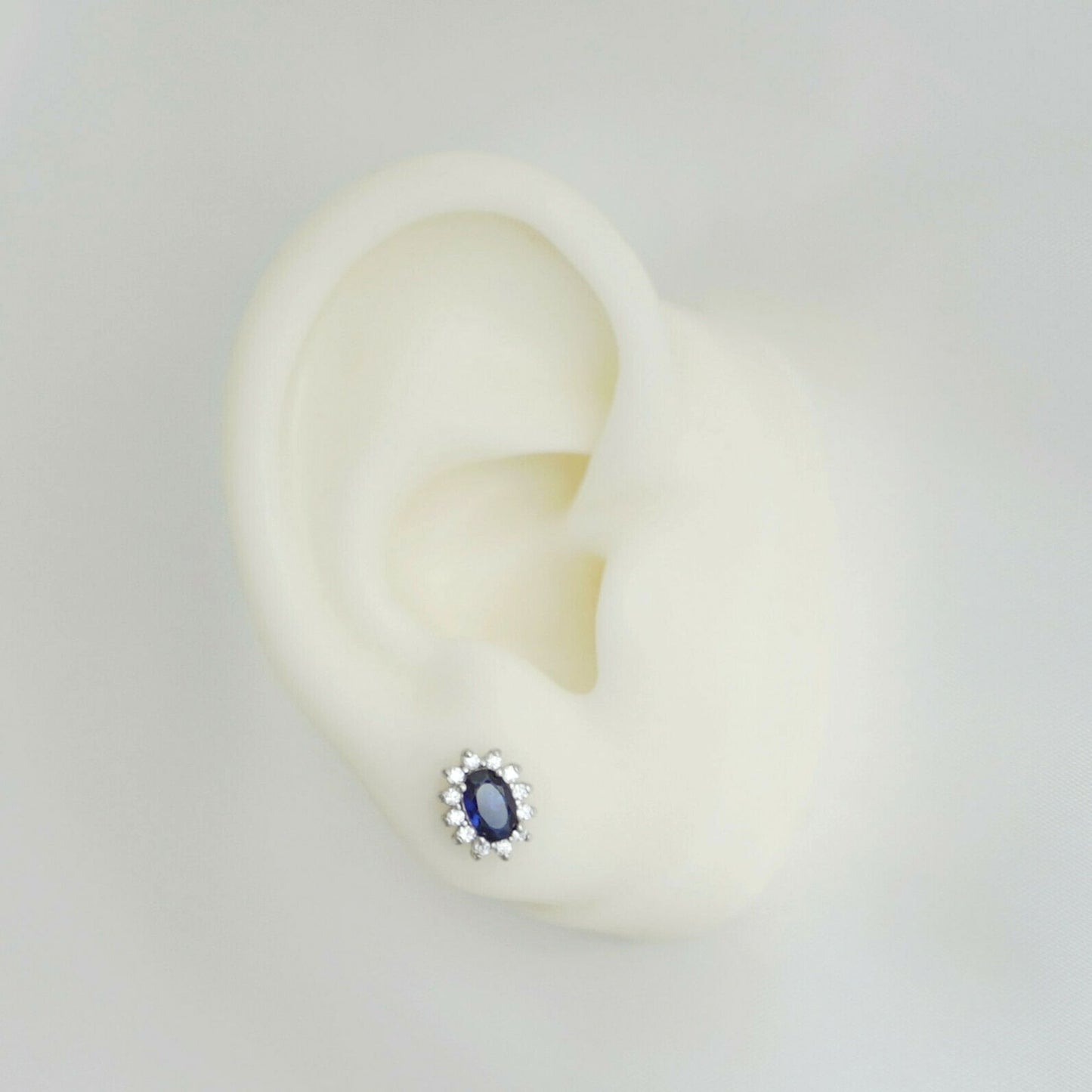 Unheated blue sapphire oval CZ Cluster studs sterling silver earring jewelry boxes - sugarkittenlondon