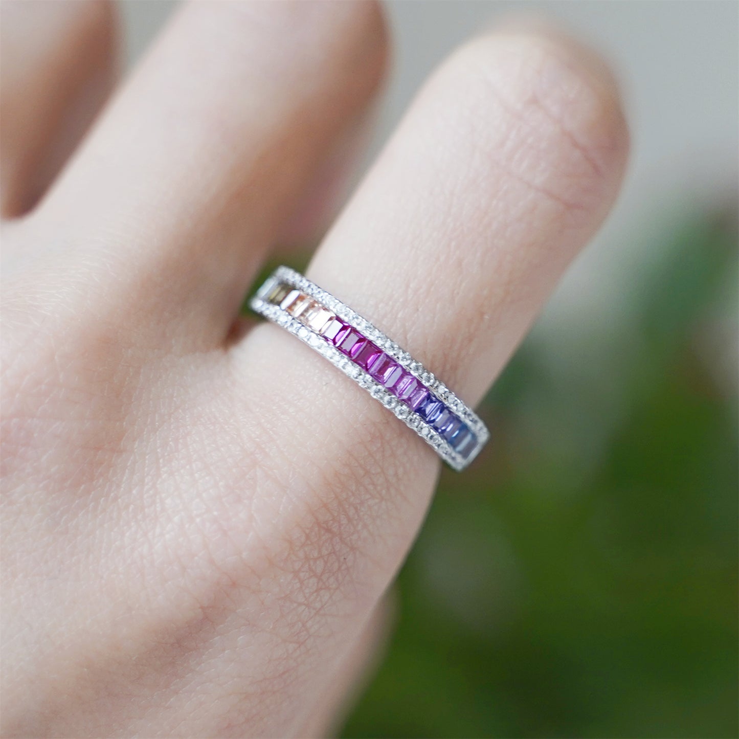 Sterling Silver Half Channel Set Baguette Rainbow Multi-Colour CZ Eternity Ring - sugarkittenlondon