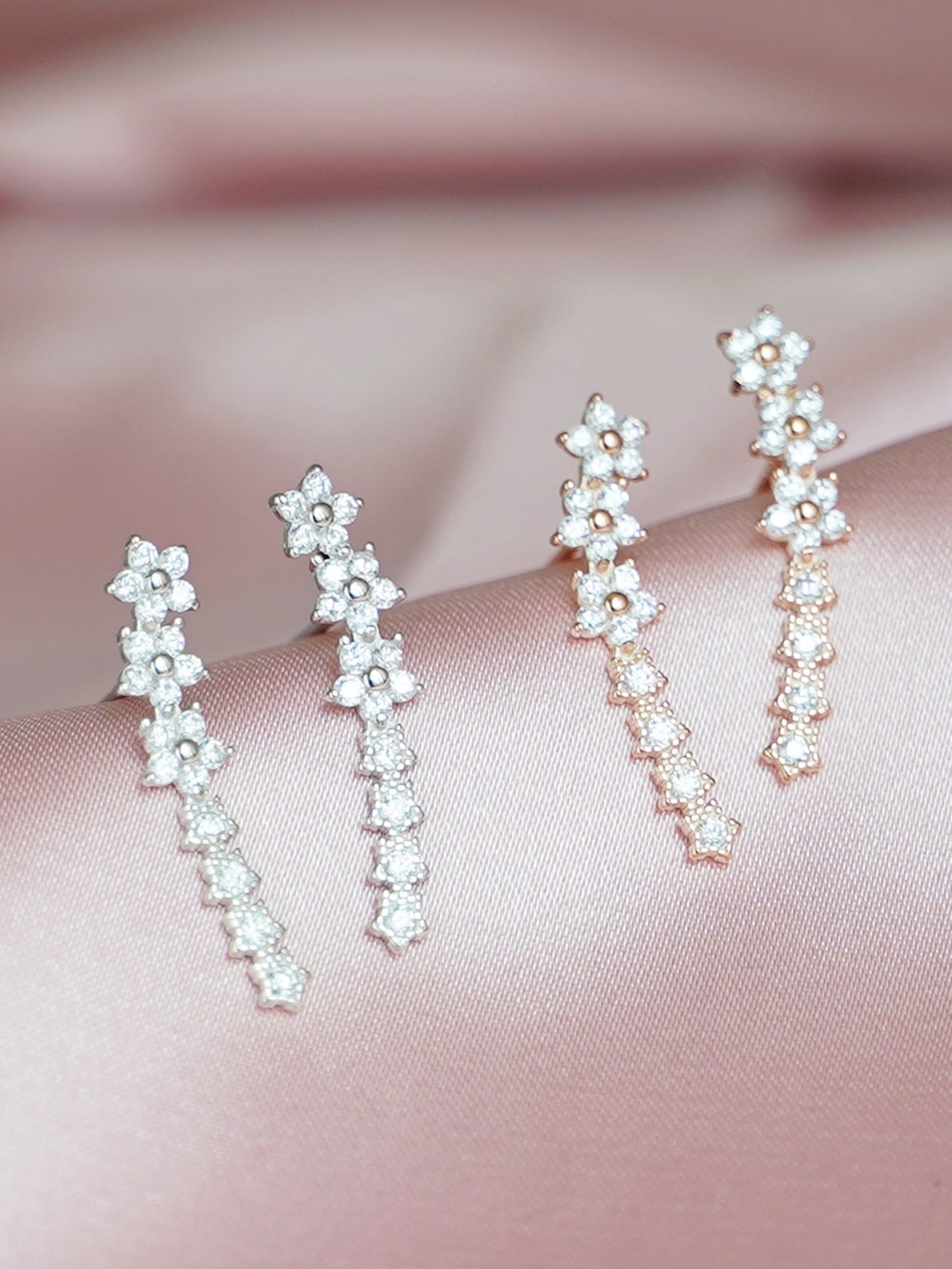 Sterling Silver Paved CZ Curved Line Star Flower Post Drop Climber Earrings 3 Tones