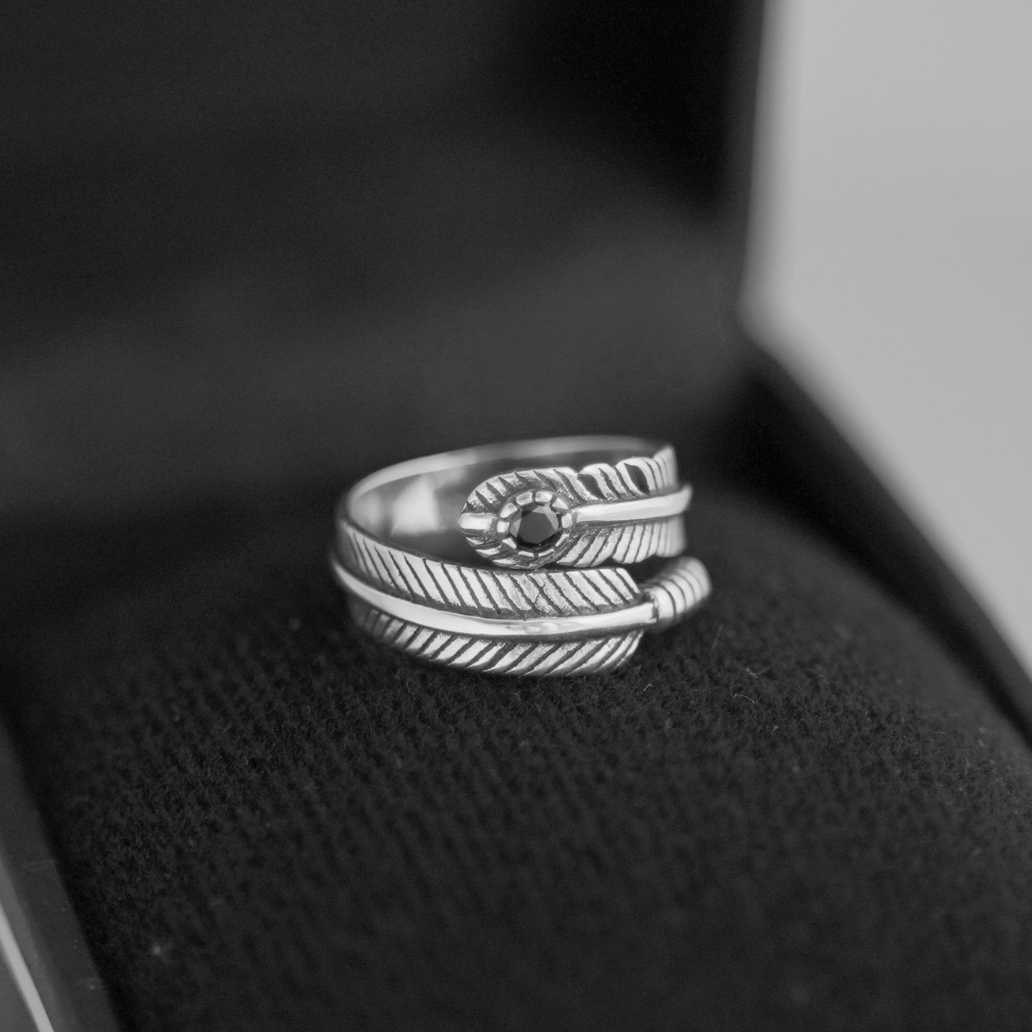 Sterling Silver Oxidized Black CZ Leaf Feather Angel Wing Wrap Ring Unisex - sugarkittenlondon