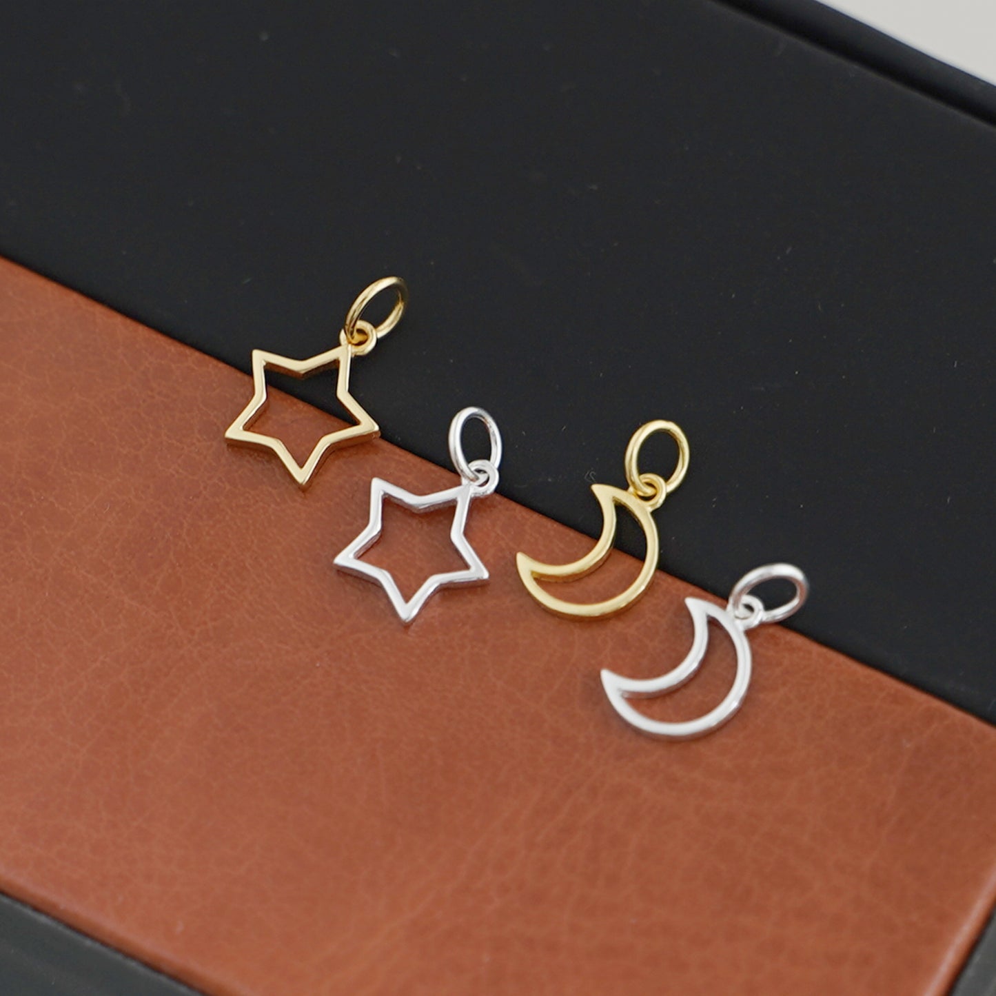 Sterling Silver Hollow Lucky Star Moon Necklace Bracelet DIY Charm Pendant 2 Tones - sugarkittenlondon