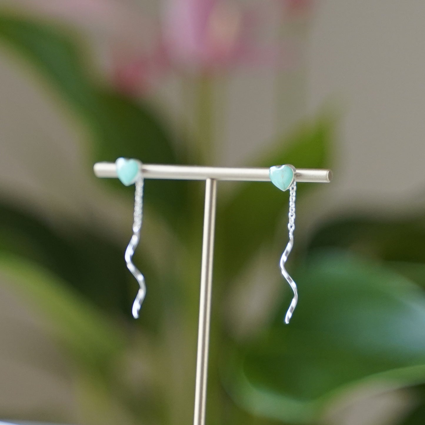 Sterling Silver Pull Through Abalone Shell Turquoise Heart Threader Earrings - sugarkittenlondon