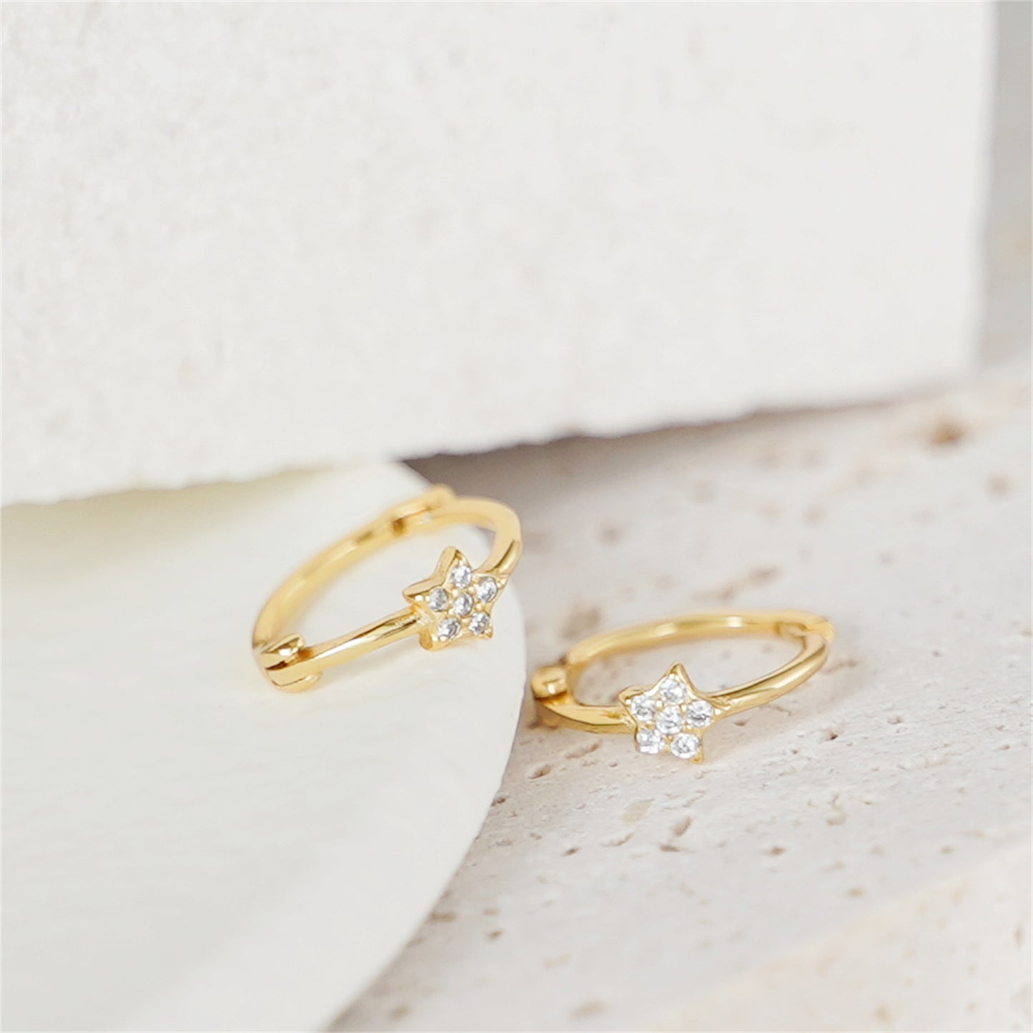 18K Gold on Sterling Silver Star CZ Hinged 9mm Hoop Huggie Earrings