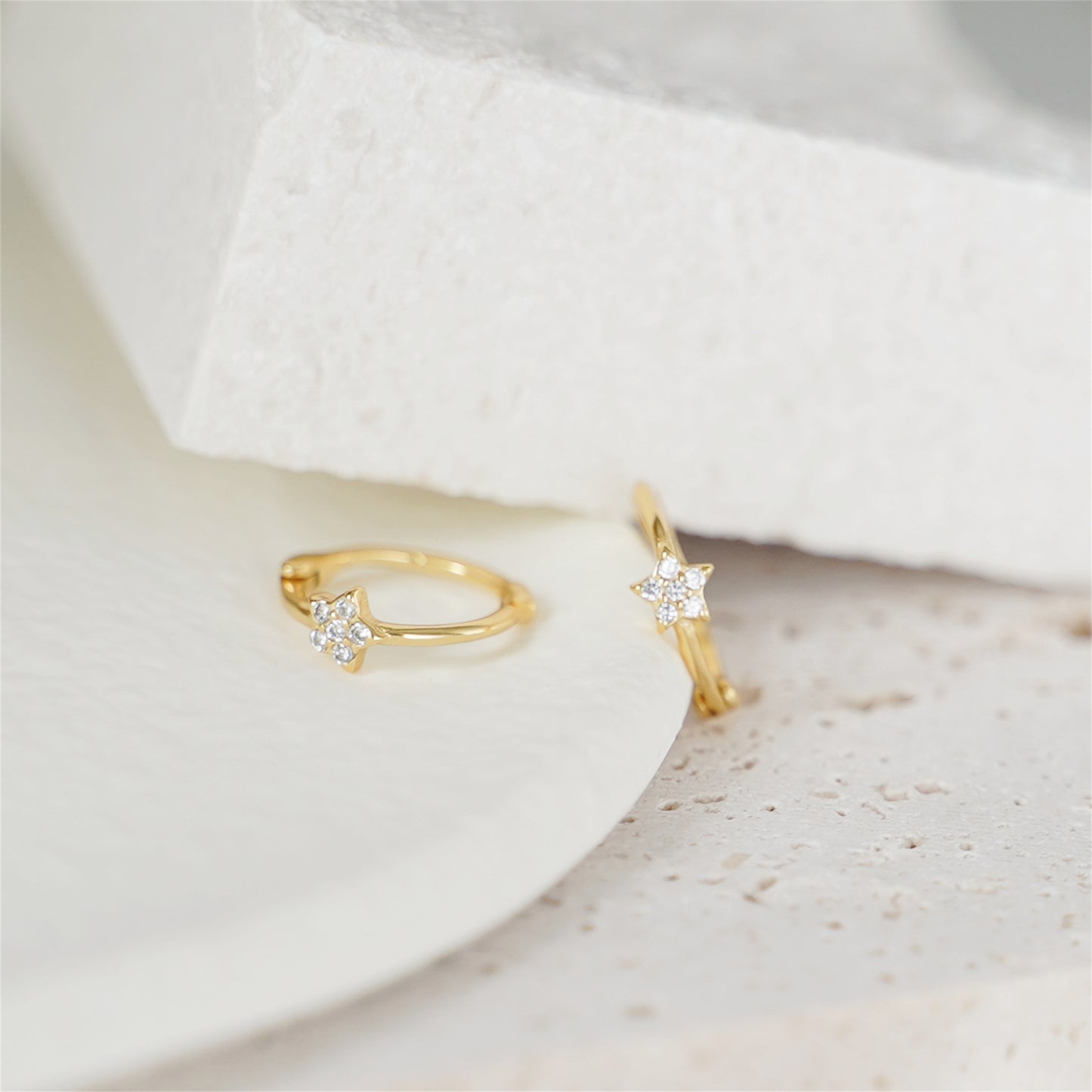 18K Gold on Sterling Silver Star CZ Hinged 9mm Hoop Huggie Earrings