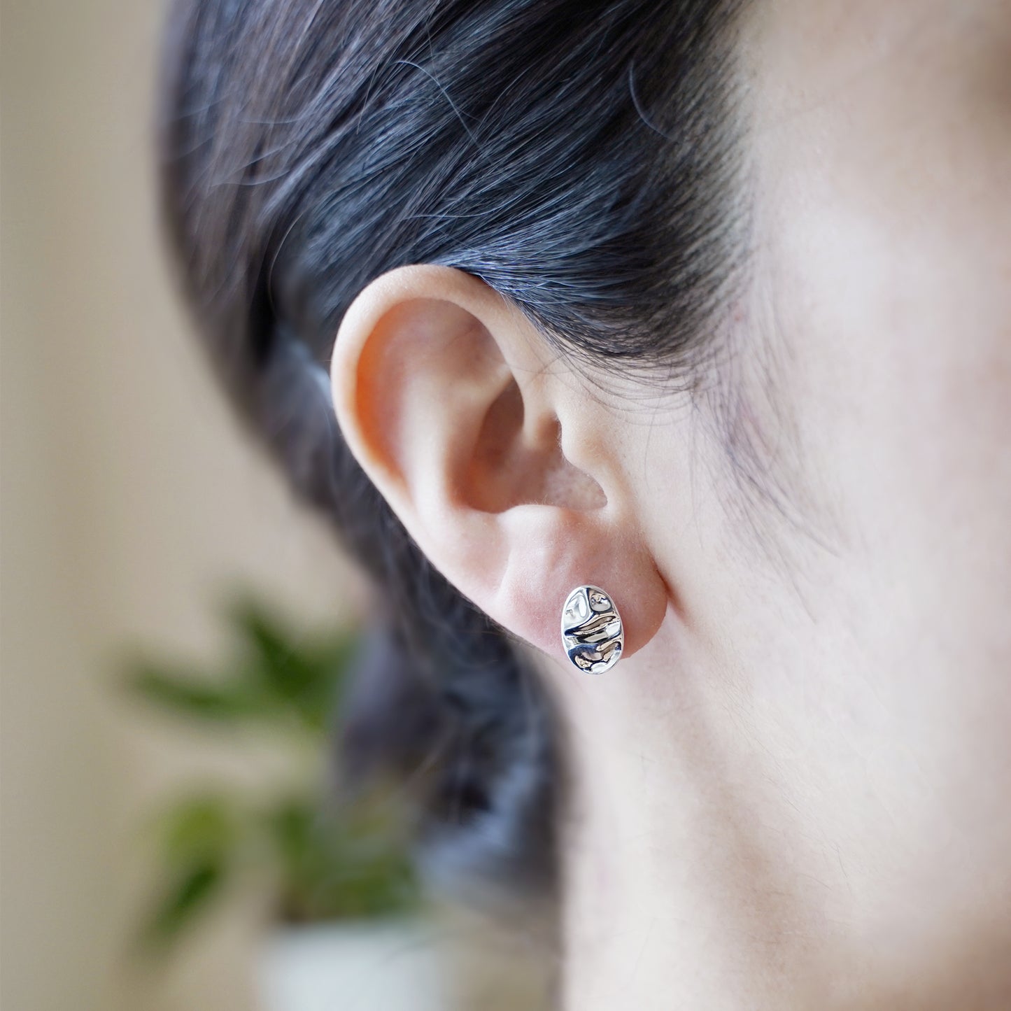 Sterling Silver Oval Stud Shiny Polished Water Wave Ripple Textured Earrings - sugarkittenlondon