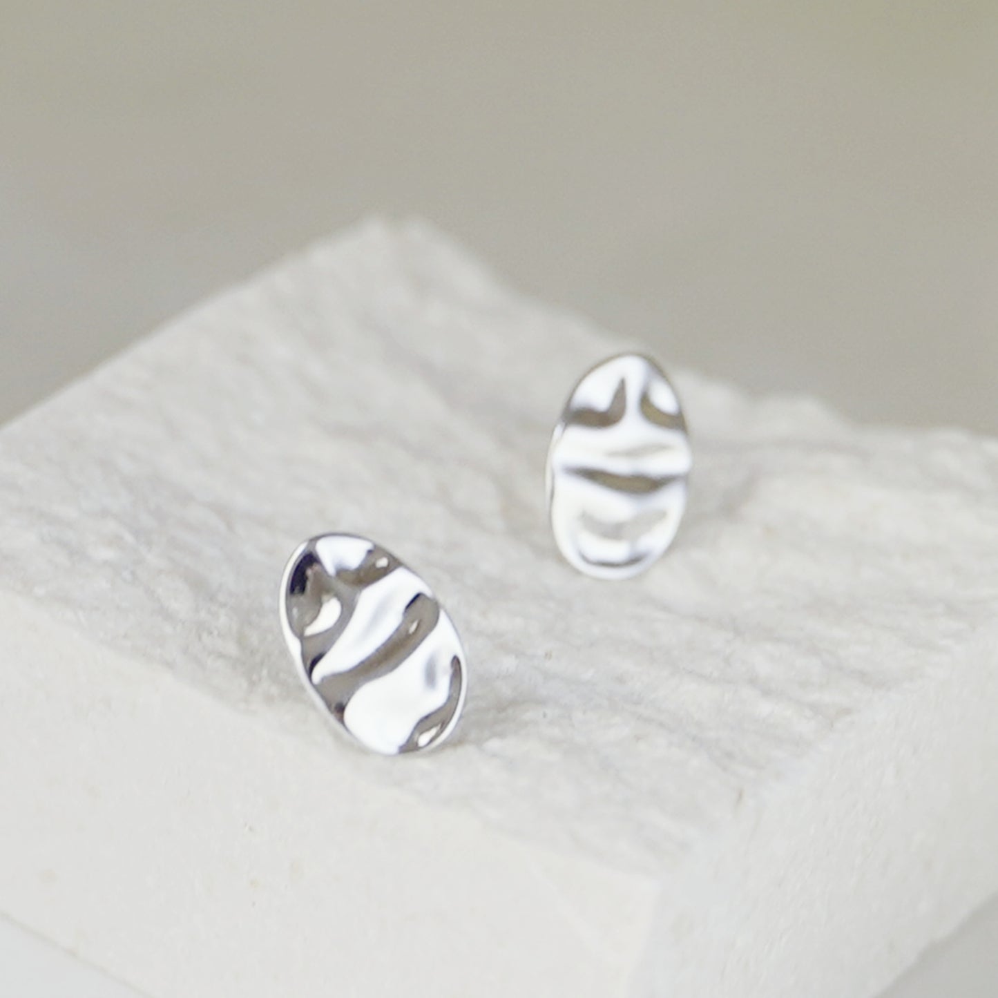 Sterling Silver Oval Stud Shiny Polished Water Wave Ripple Textured Earrings - sugarkittenlondon