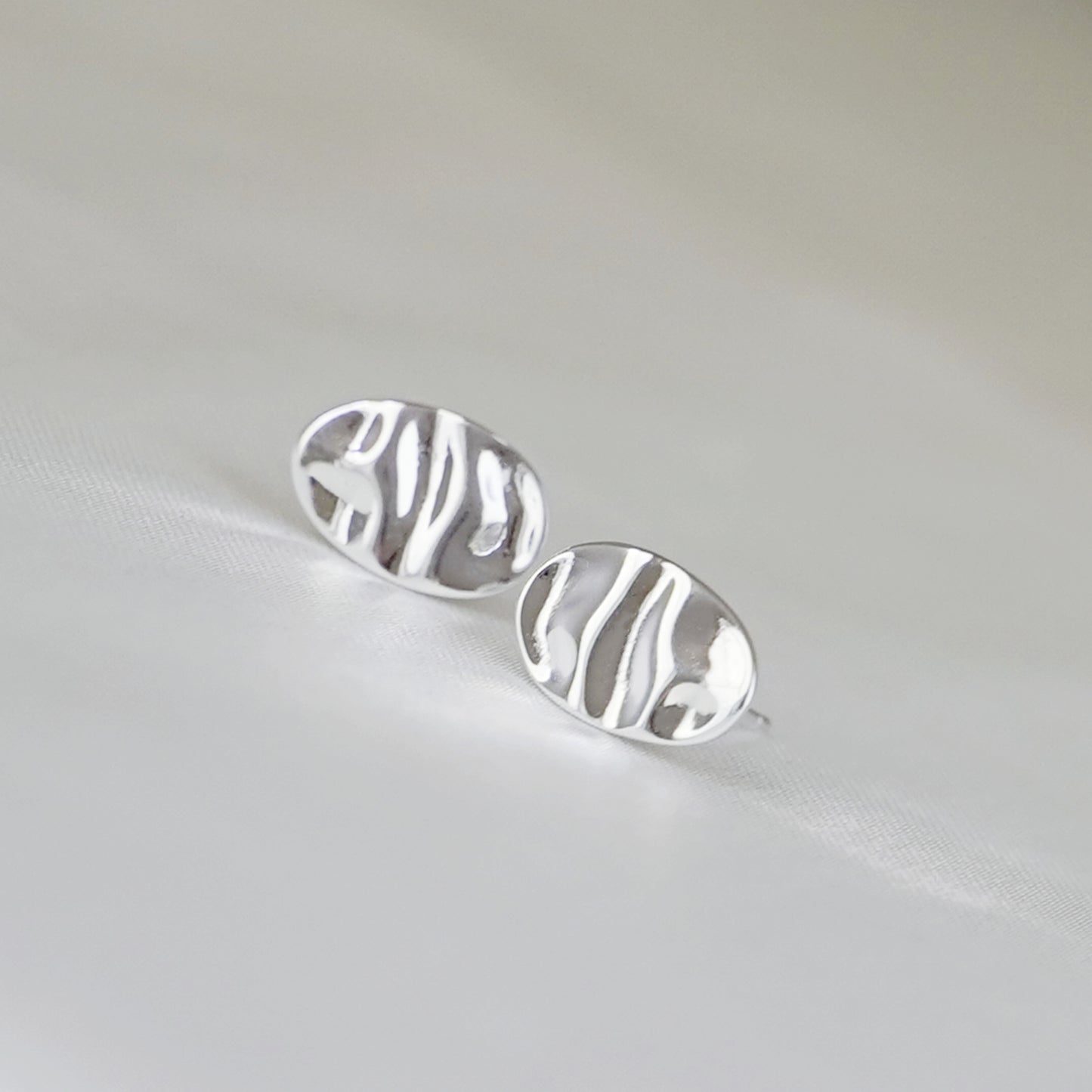 Sterling Silver Oval Stud Shiny Polished Water Wave Ripple Textured Earrings - sugarkittenlondon