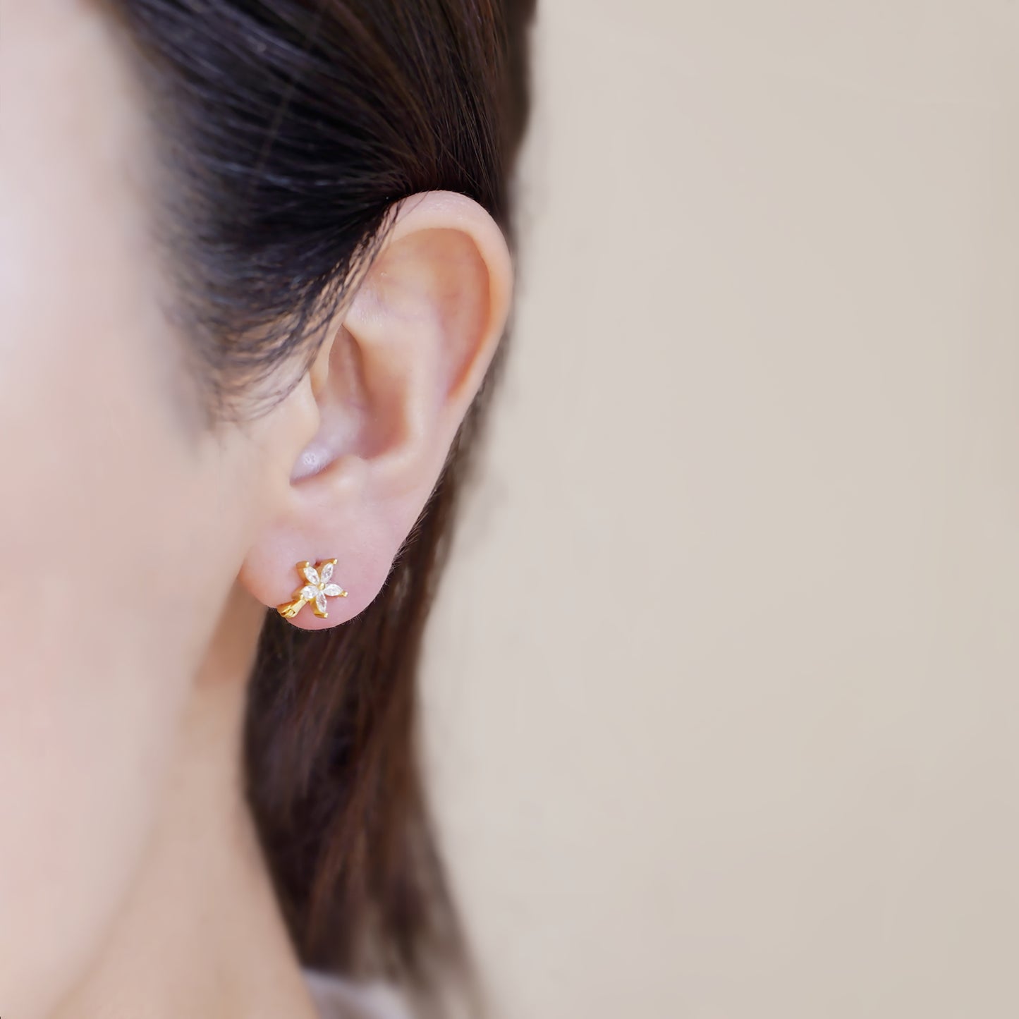 925 Sterling Silver Flower Huggie Hoop Earrings with CZ Accents 2 Tones