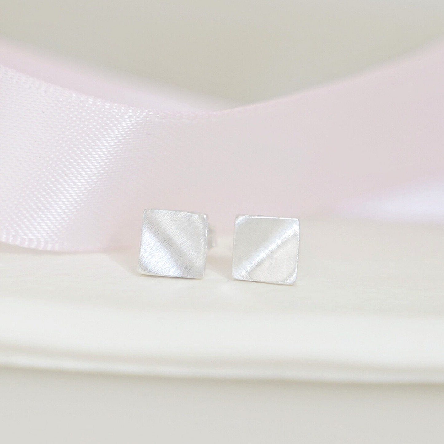 6mm Brushed Square Stud Earrings in 925 Sterling Silver with Bent Corners