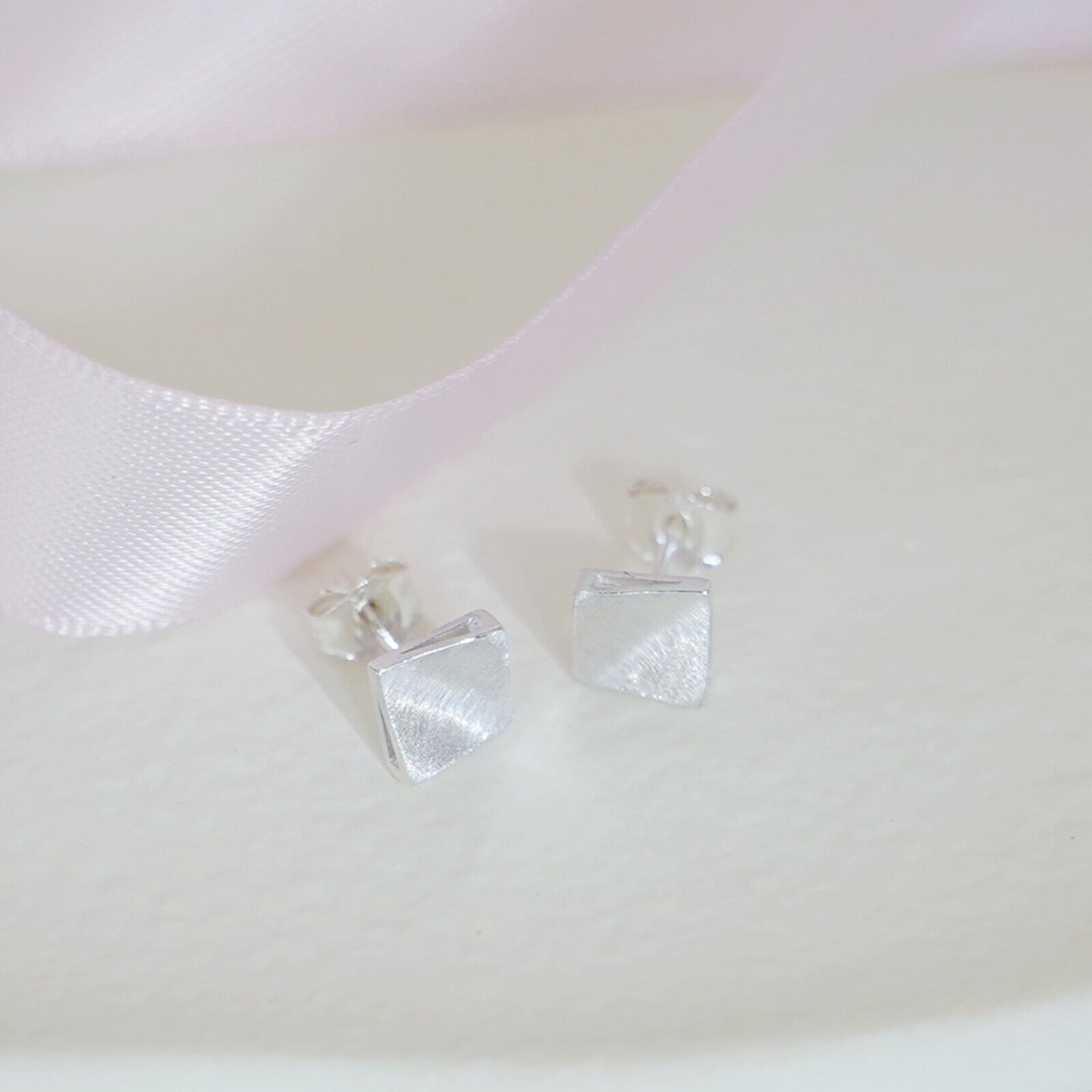 6mm Brushed Square Stud Earrings in 925 Sterling Silver with Bent Corners