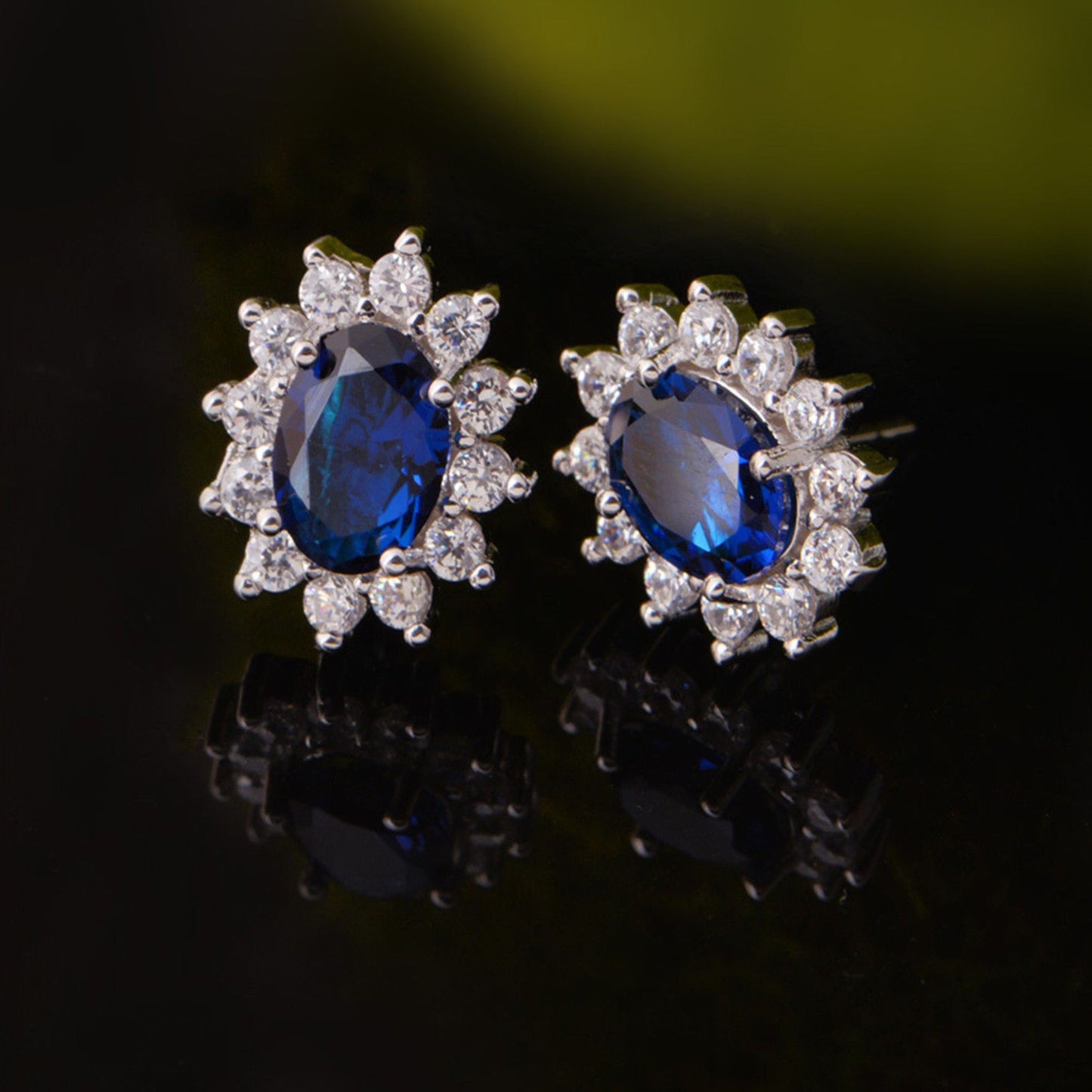 Unheated blue sapphire oval CZ Cluster studs sterling silver earring jewelry boxes - sugarkittenlondon