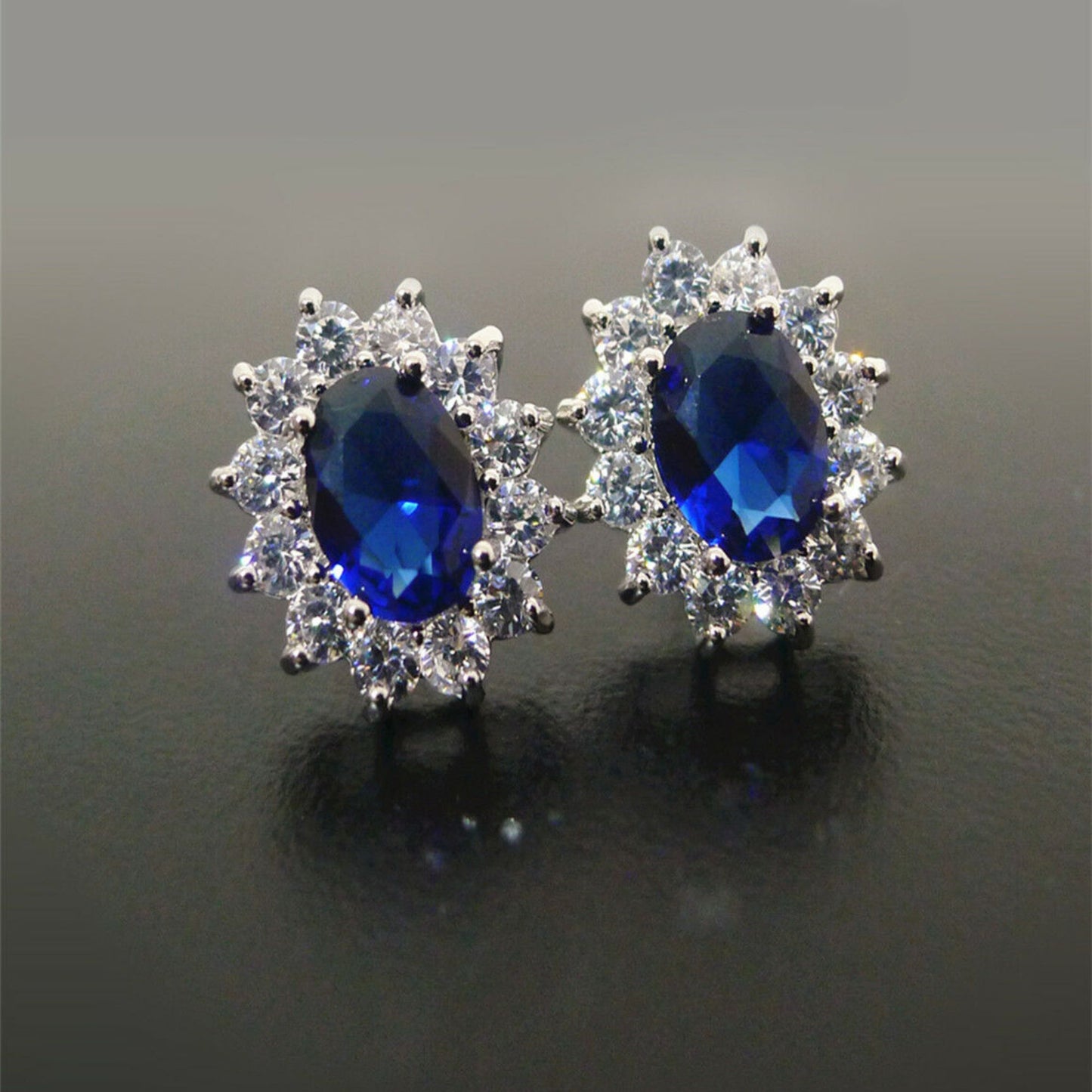 Unheated blue sapphire oval CZ Cluster studs sterling silver earring jewelry boxes - sugarkittenlondon