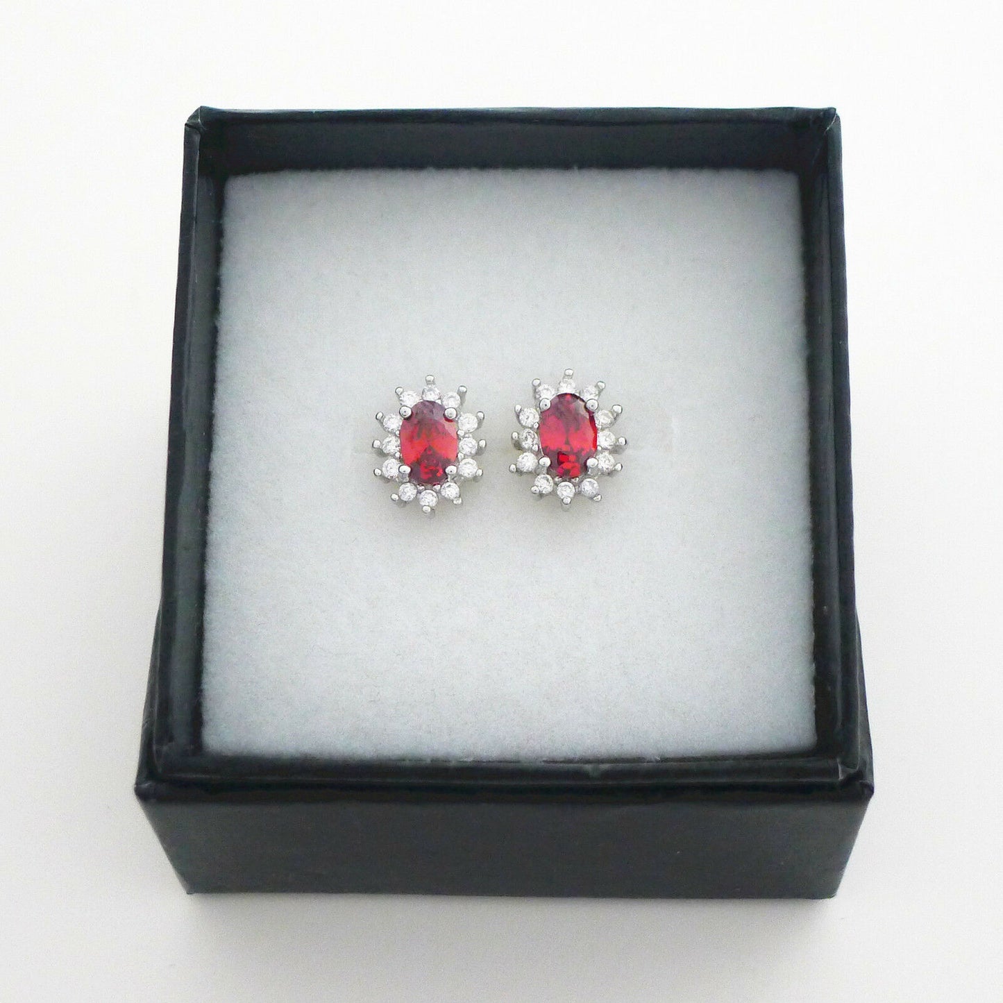 Ruby Halo CZ Red garnet yam Sterling silver earrings silver studs jewellery box - sugarkittenlondon