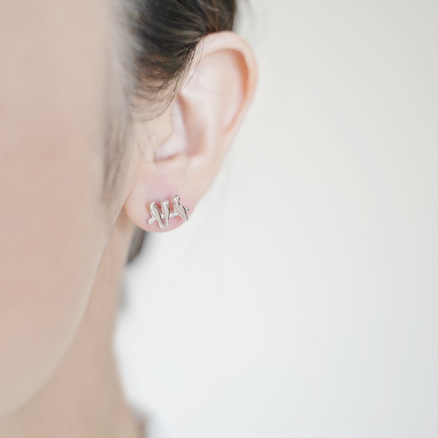 Sterling Silver Tiny Three Birds Line Post Stud Earrings