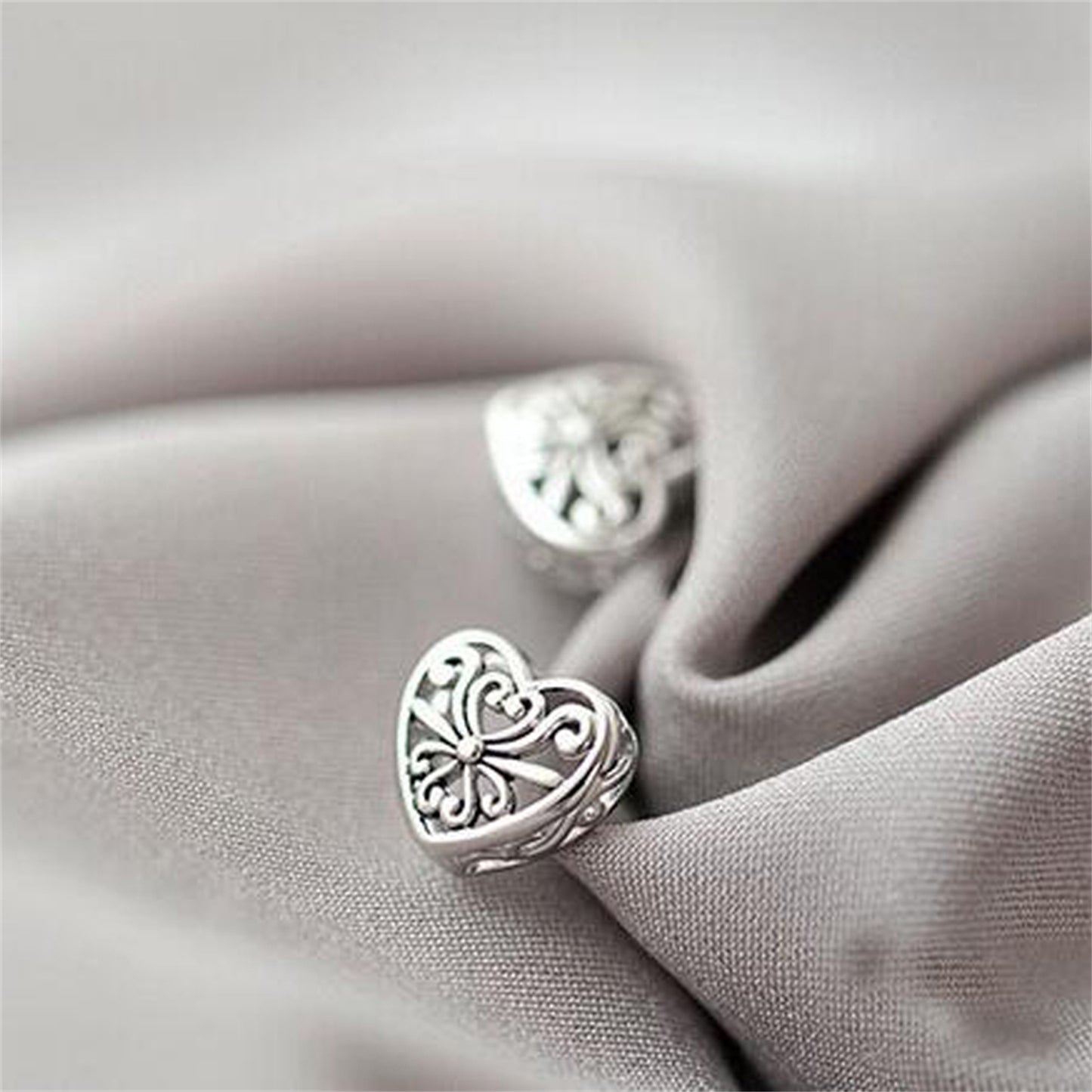 Rhodium on Sterling Silver Filigree Hollow Love Heart Love Box Stud Earrings