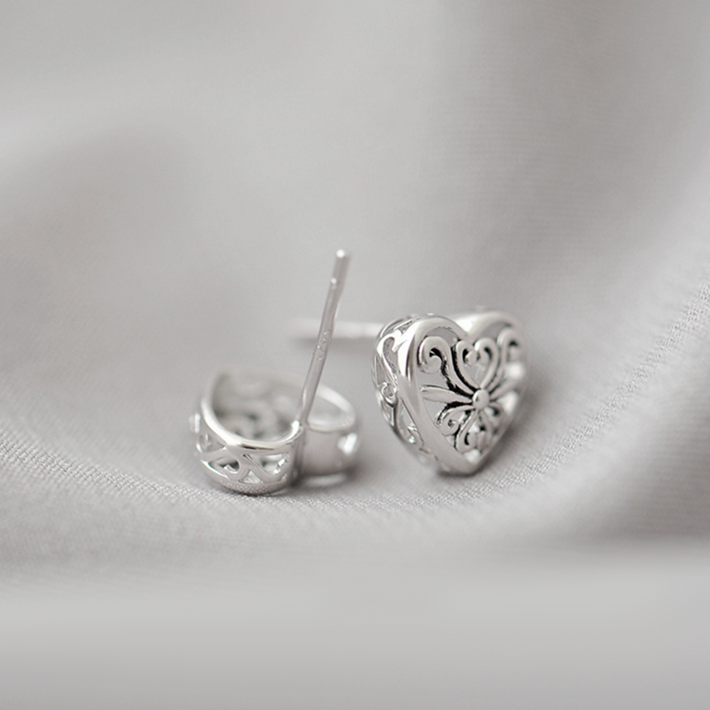 Rhodium on Sterling Silver Filigree Hollow Love Heart Love Box Stud Earrings