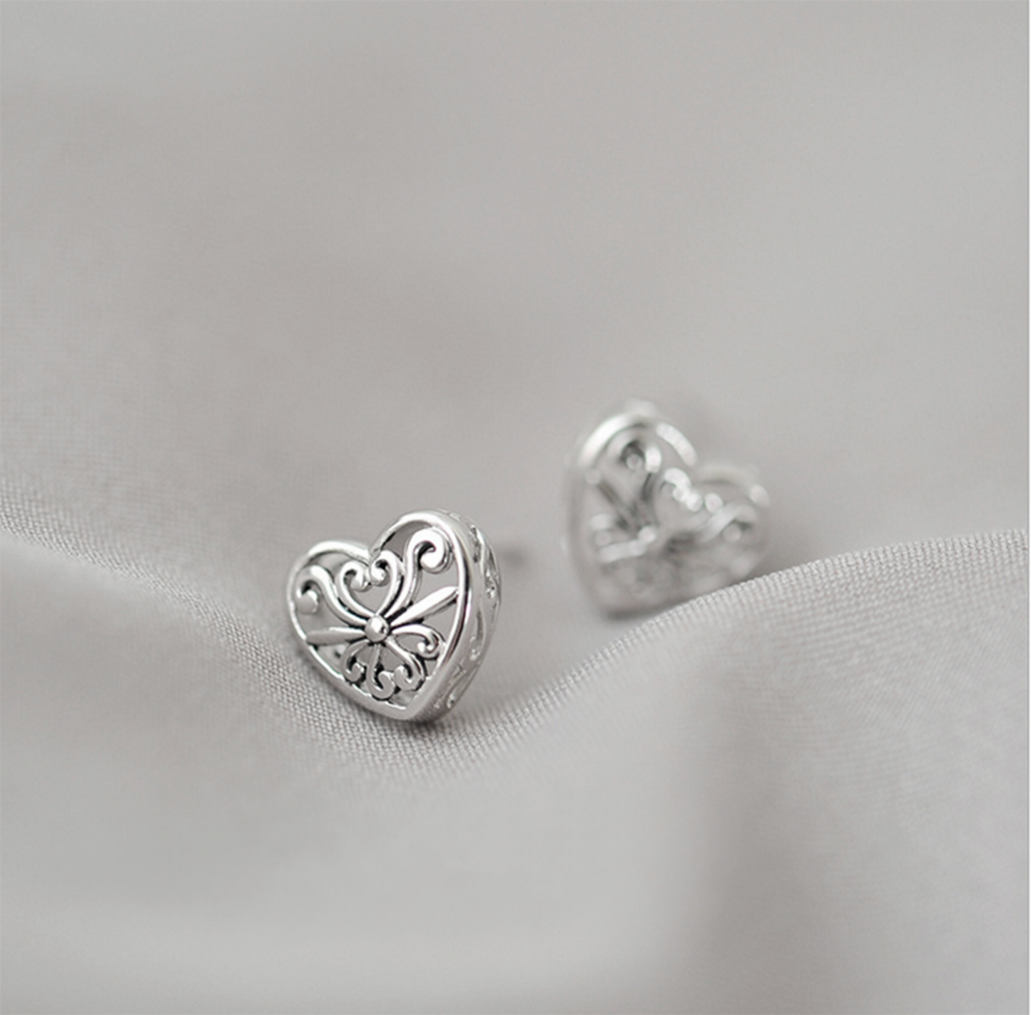 Rhodium on Sterling Silver Filigree Hollow Love Heart Love Box Stud Earrings