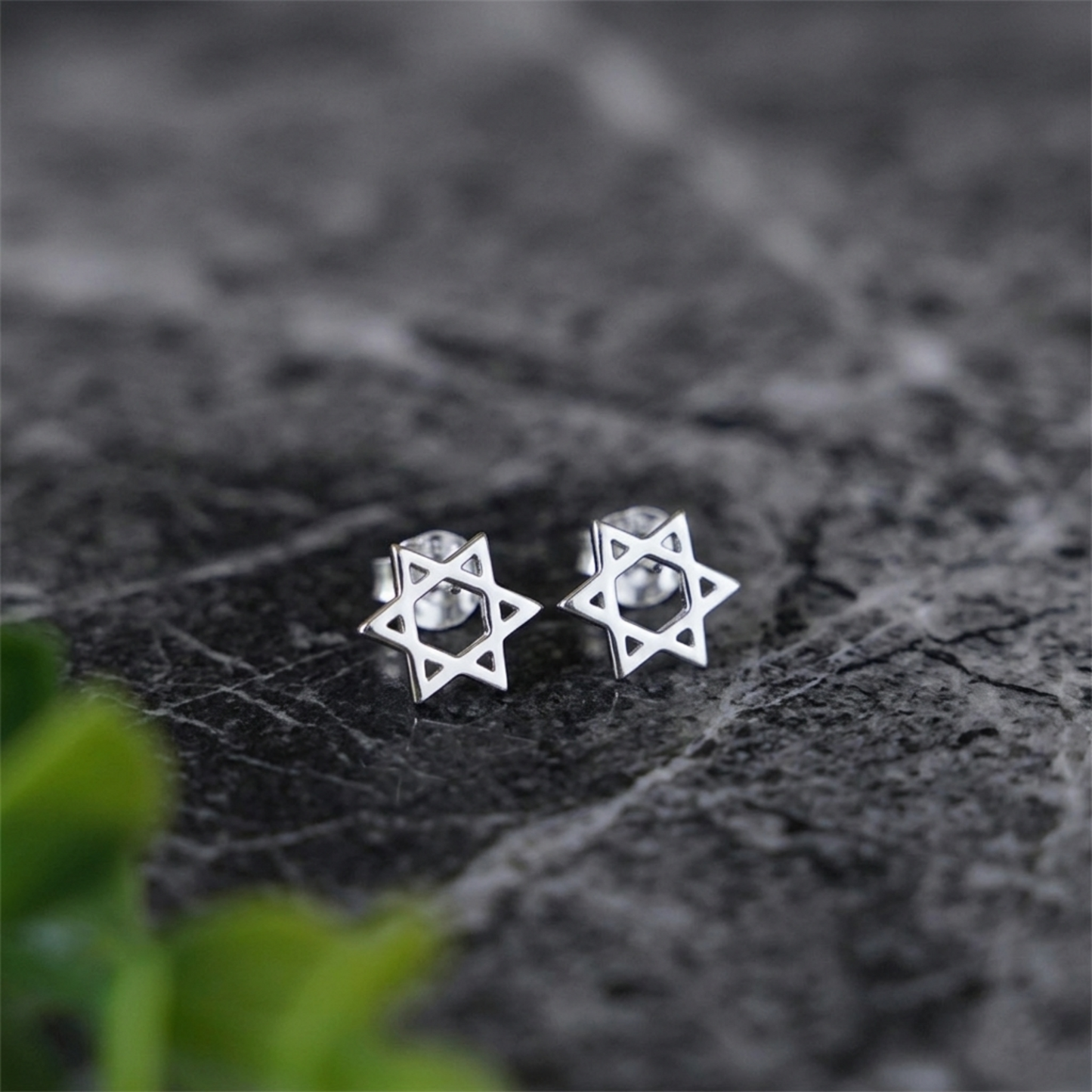 Star of David stud earrings, silver-tone hexagram with cutout center