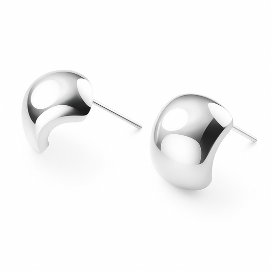 Sterling Silver Shiny Polished Half Hoop Bead Dome Stud Earrings