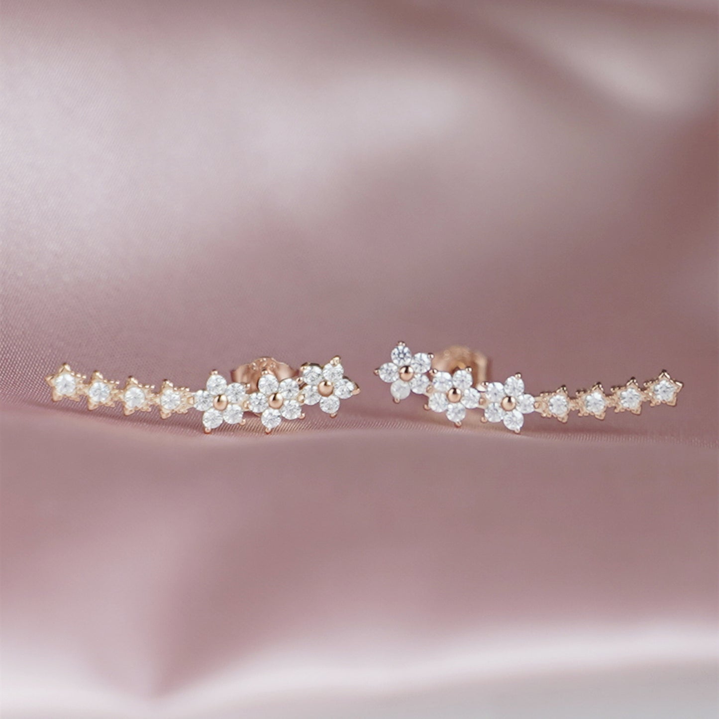 Sterling Silver Paved CZ Curved Line Star Flower Post Drop Climber Earrings 3 Tones