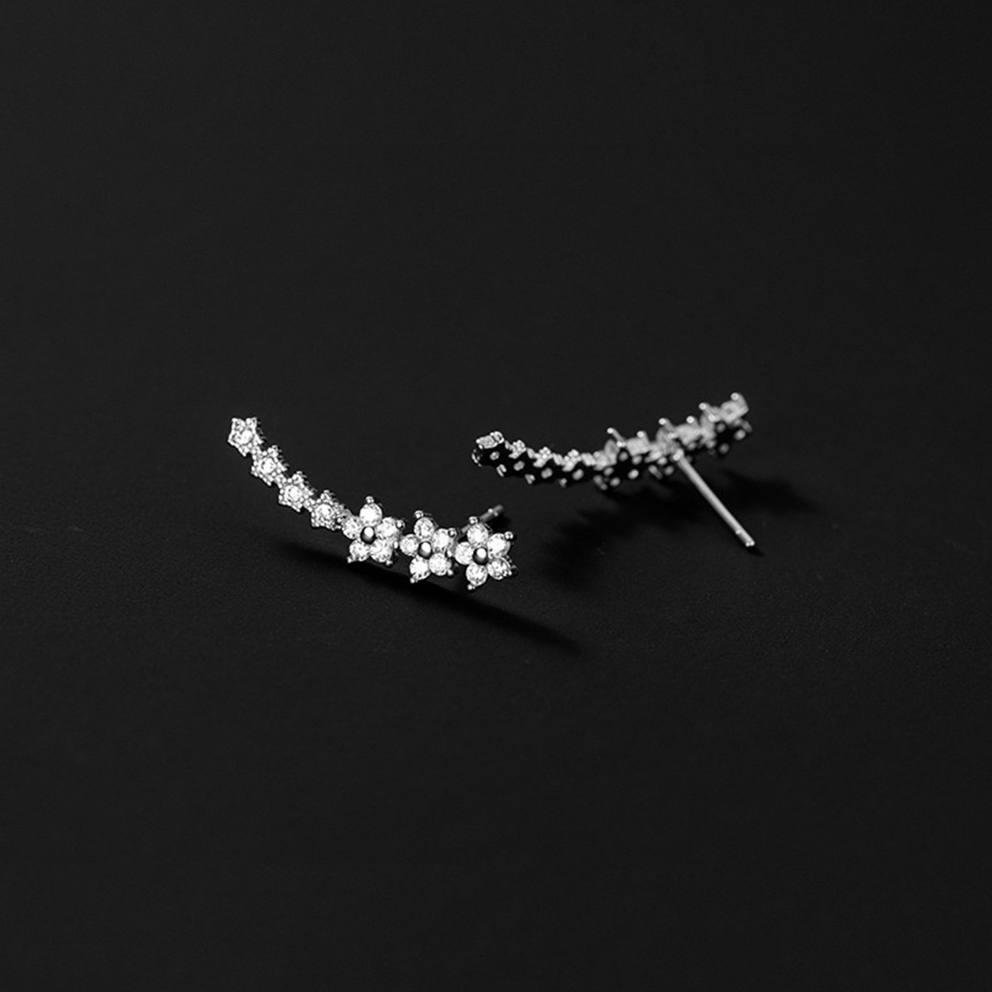 Sterling Silver Paved CZ Curved Line Star Flower Post Drop Climber Earrings 3 Tones