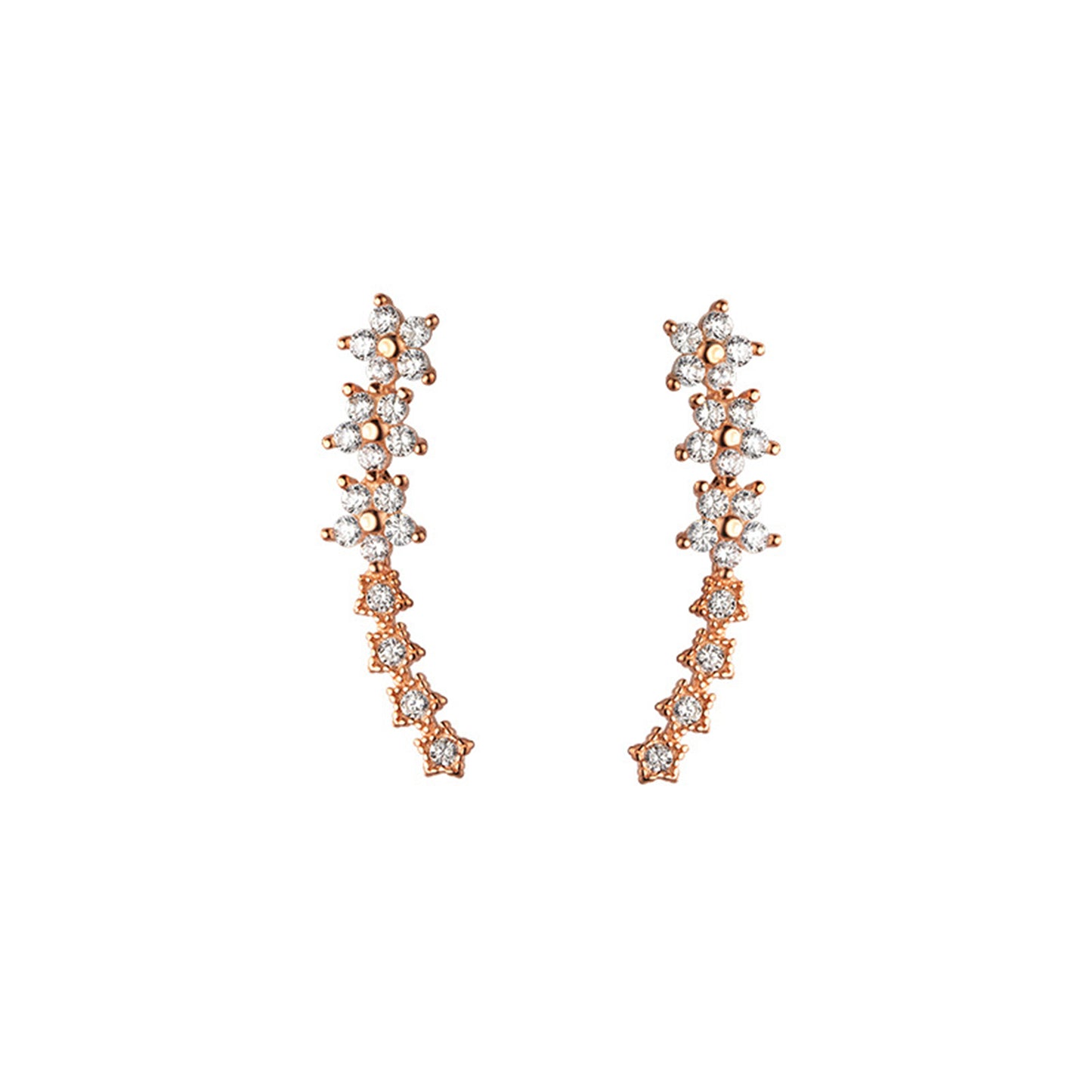 Sterling Silver Paved CZ Curved Line Star Flower Post Drop Climber Earrings 3 Tones