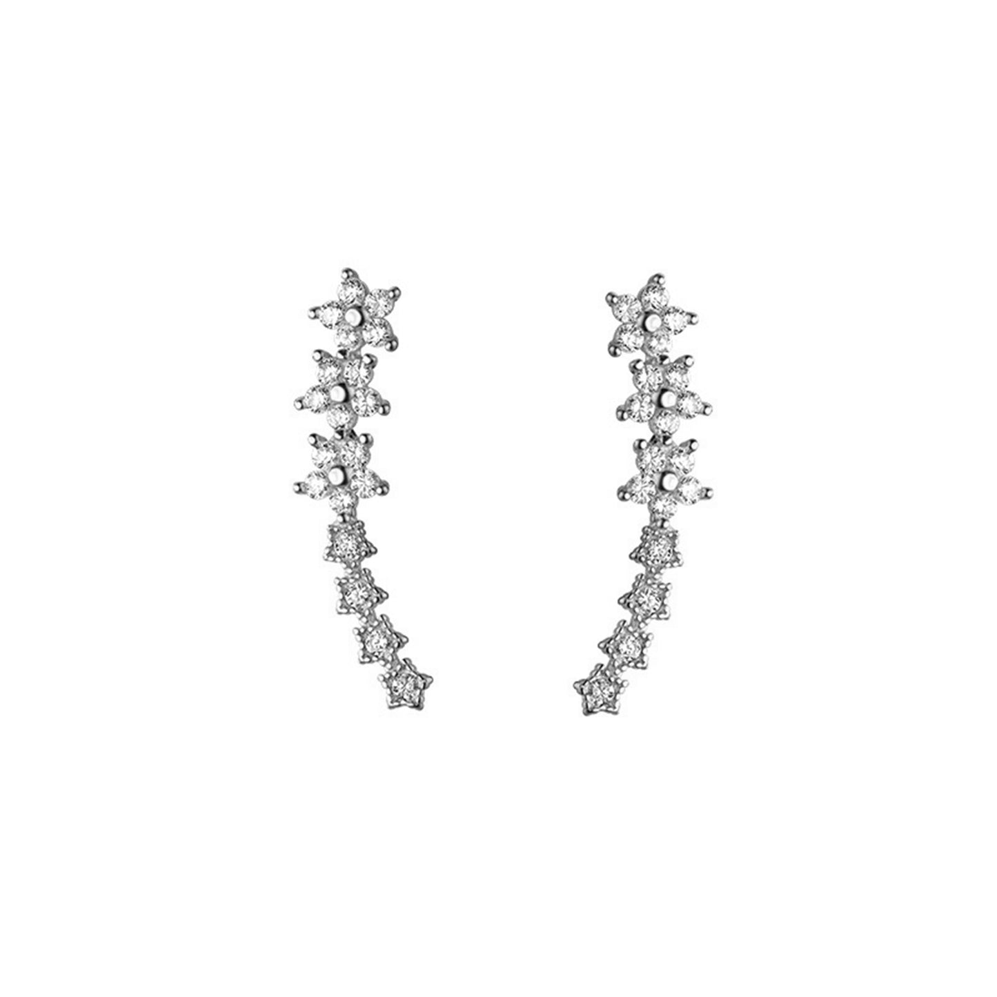 Sterling Silver Paved CZ Curved Line Star Flower Post Drop Climber Earrings 3 Tones