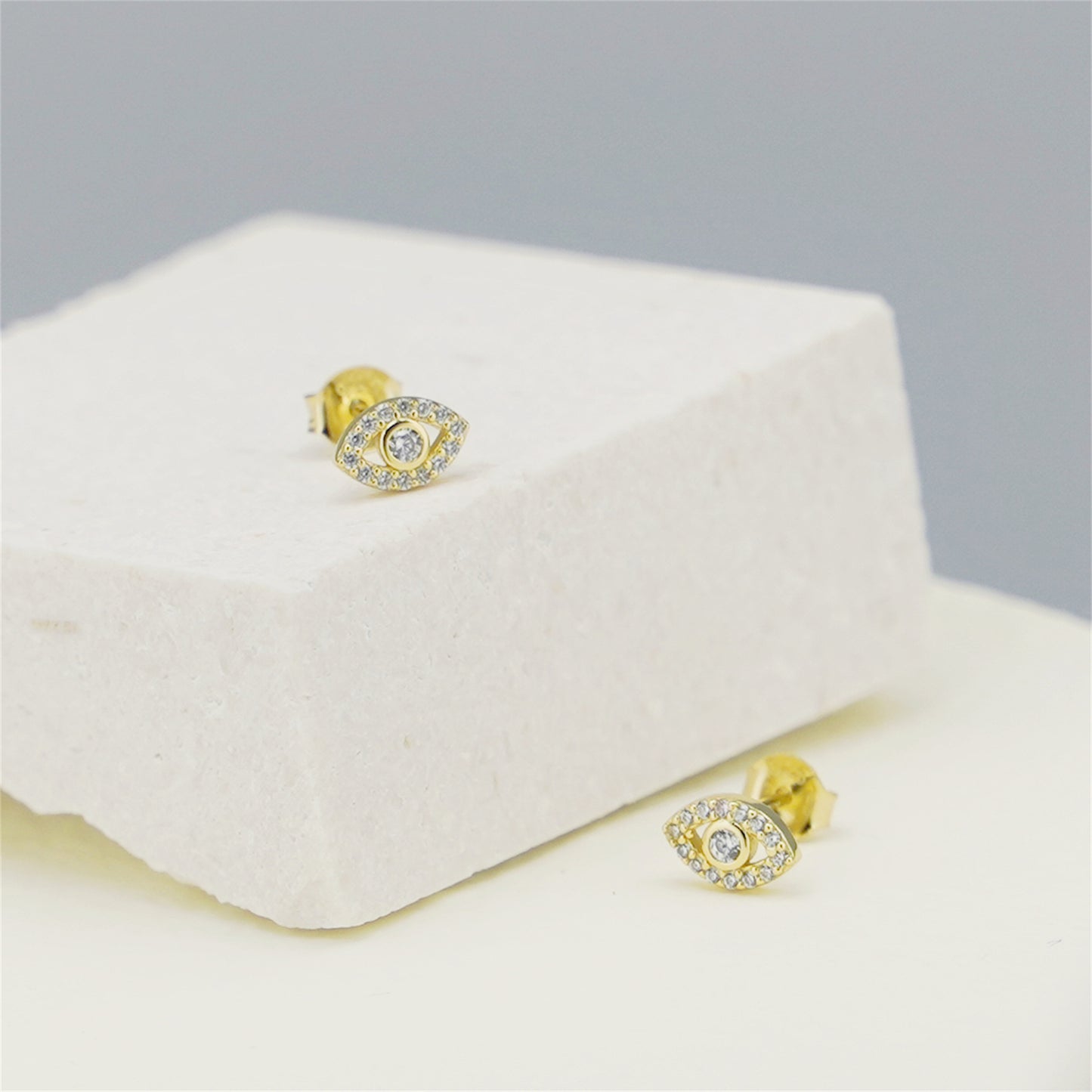sugarkittenlondon 14K Gold Evil Eye Clear Crystal CZ Stud Earrings with 925 Sterling Silver Butterfly Backs