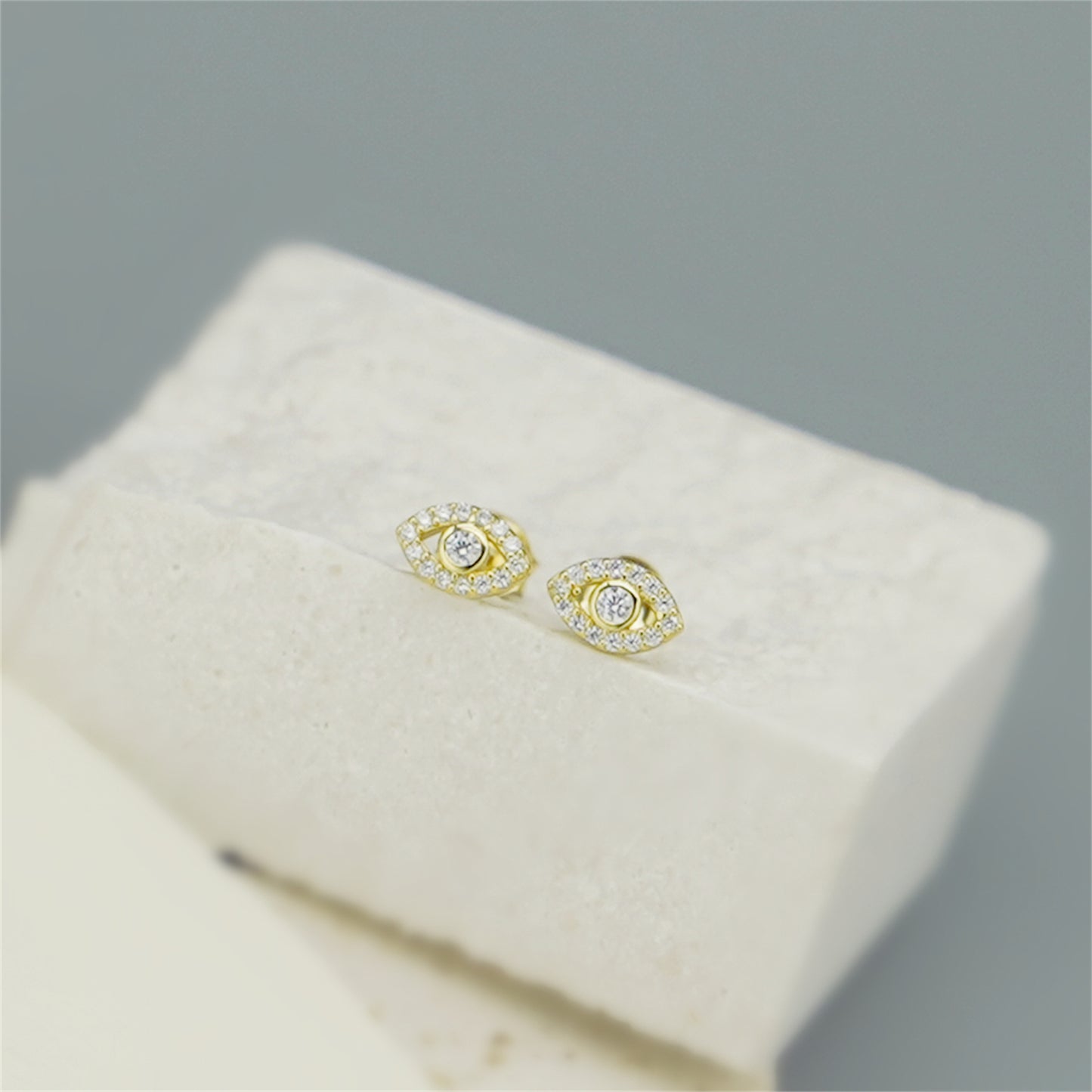sugarkittenlondon 14K Gold Evil Eye Clear Crystal CZ Stud Earrings with 925 Sterling Silver Butterfly Backs