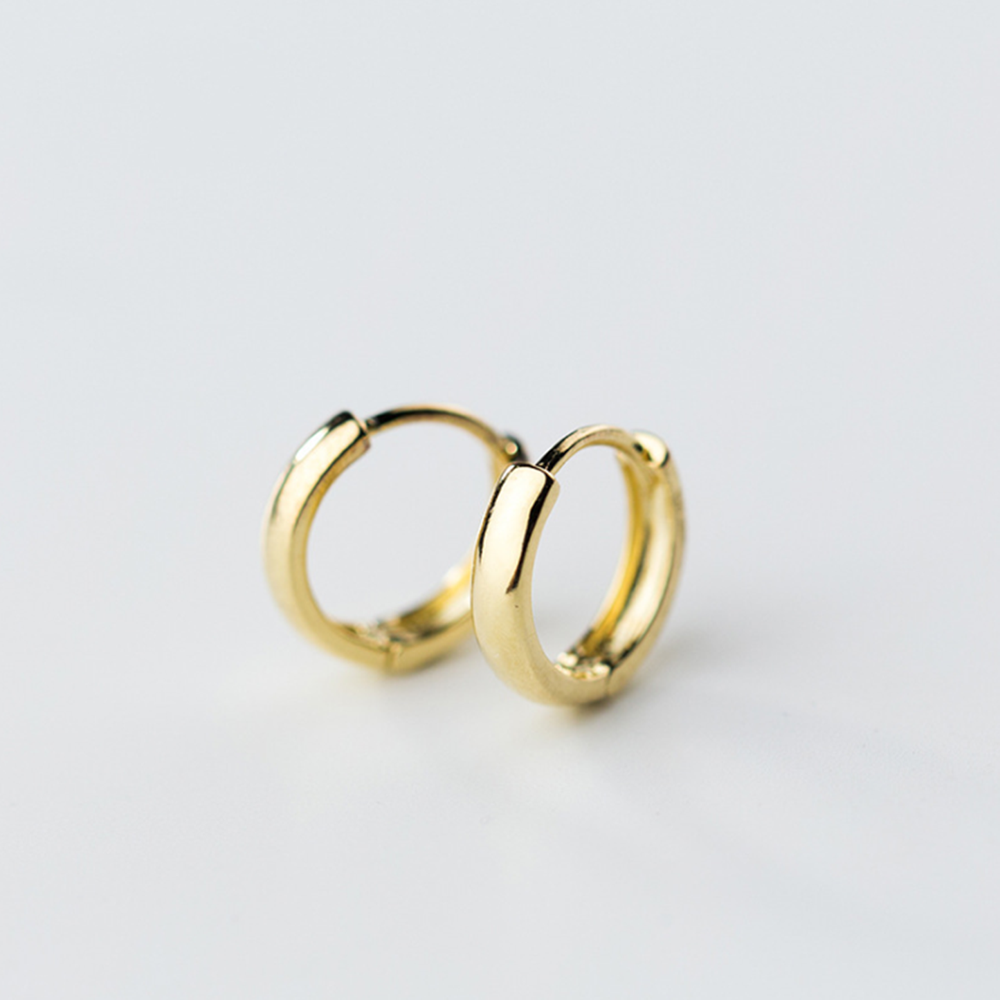 18K Gold Huggie Earrings on Sterling Silver Base, Small 8mm Hoop, 2mm Band, Unisex