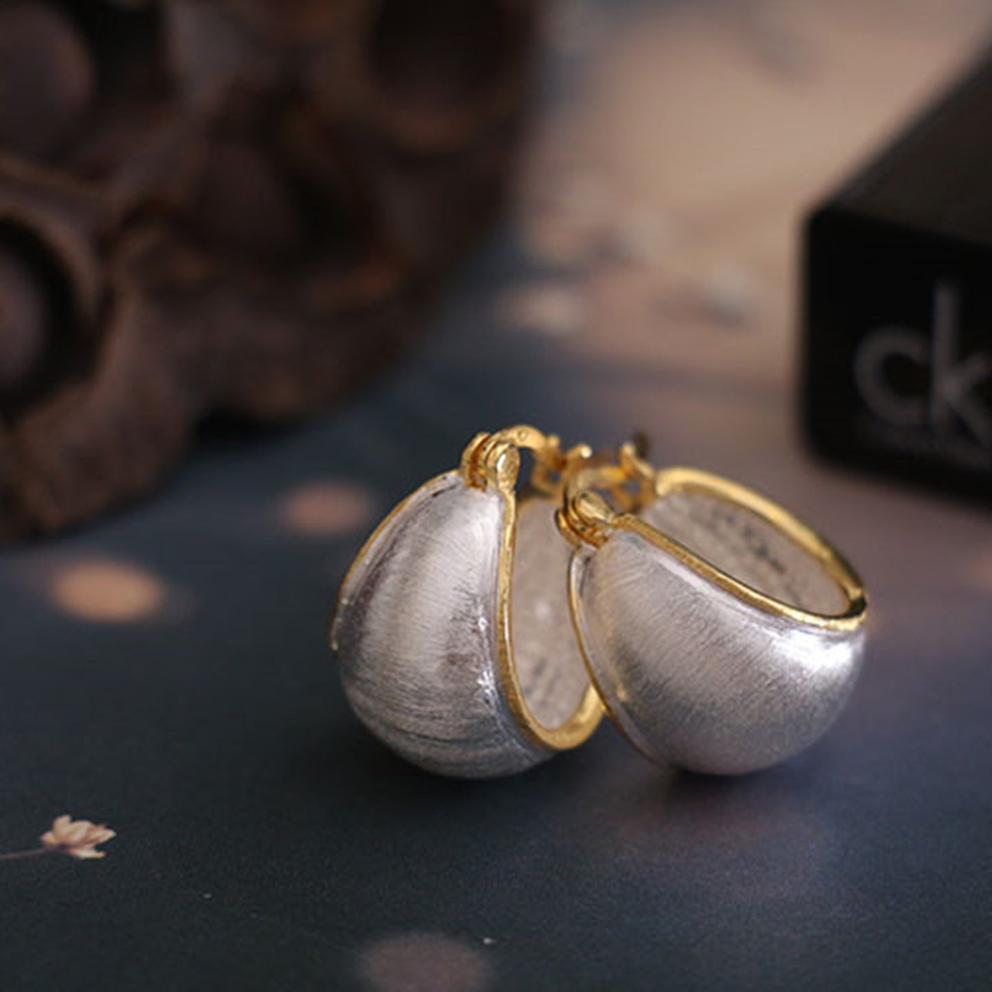 925 Sterling Silver Dome Sleeper Drop Hoop Earrings with Brushed Golden Line
