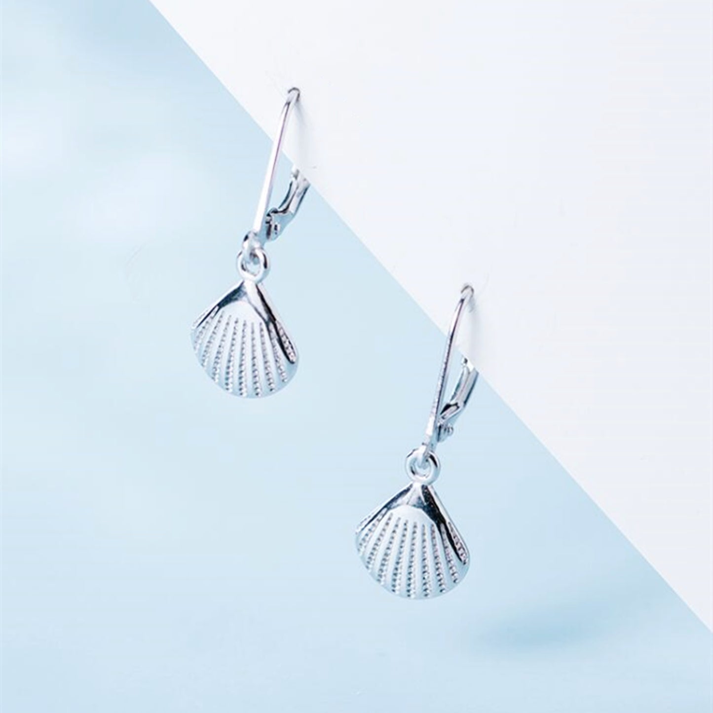 Sterling Silver Shell Hoop Earrings with Spring Leverback Closure