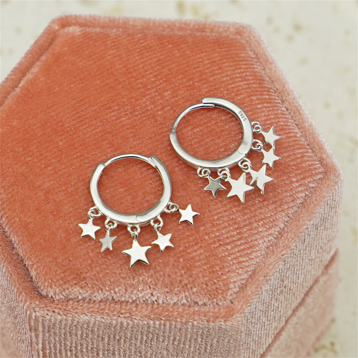 Sterling Silver Hinged Hoop Star Earrings with Charm Drops