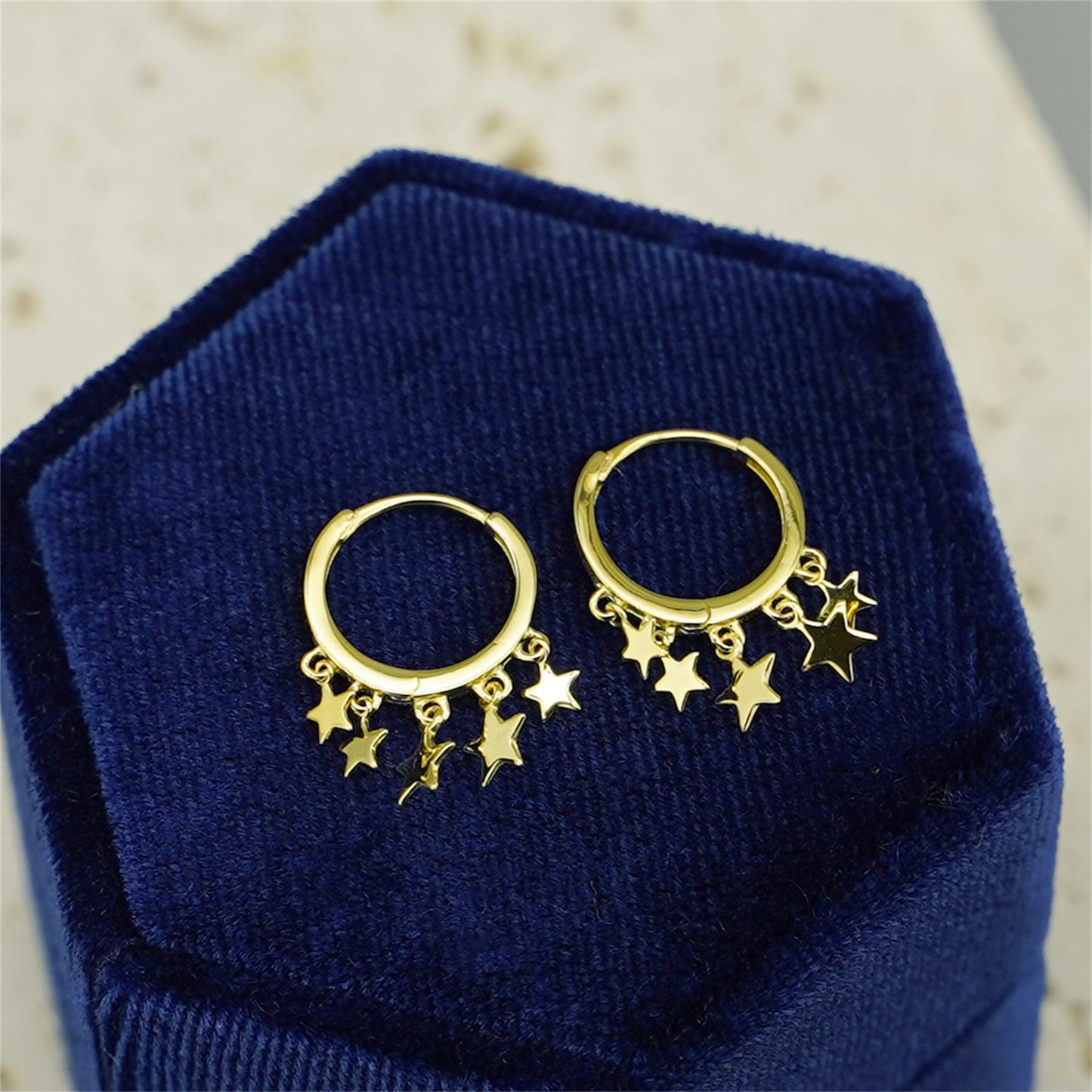 18K Gold-plated Sterling Silver Star Sleeper Hinged Hoop Charm Drop Earrings