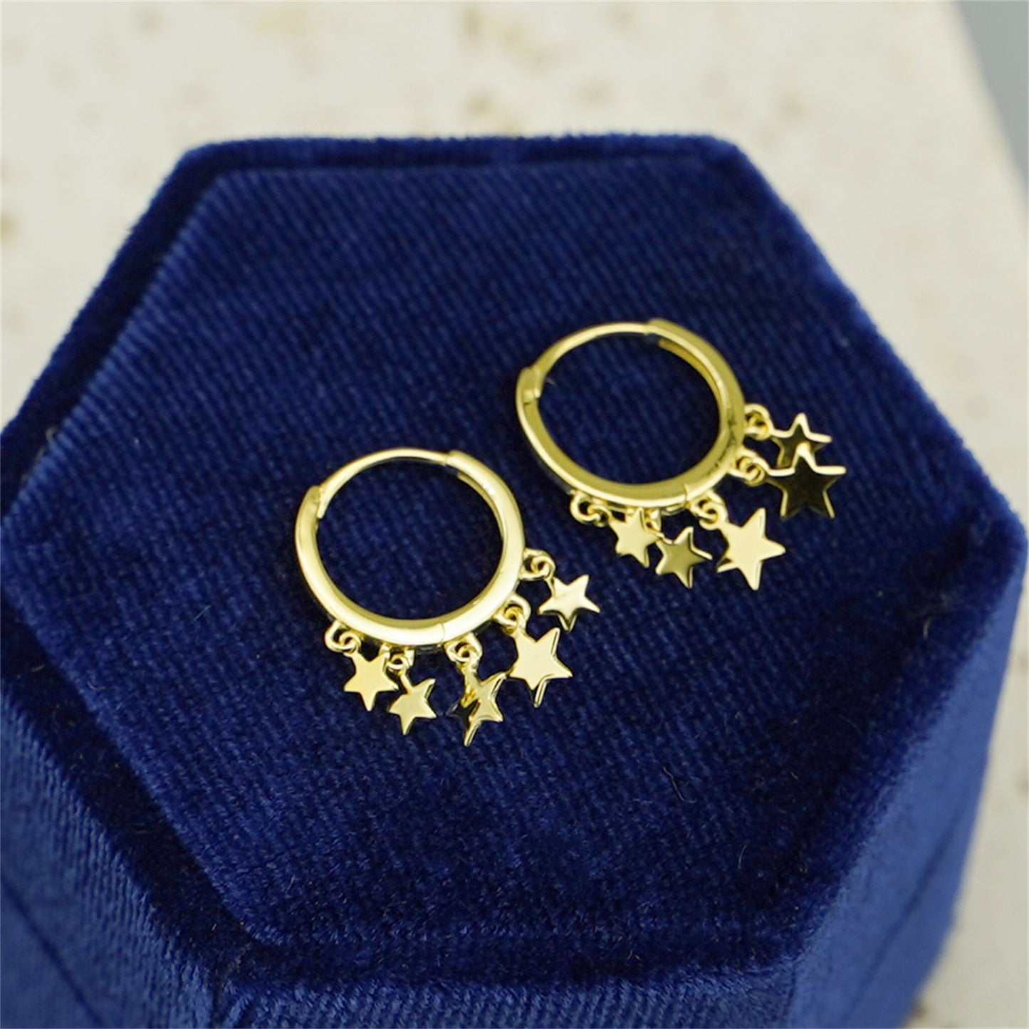18K Gold-plated Sterling Silver Star Sleeper Hinged Hoop Charm Drop Earrings