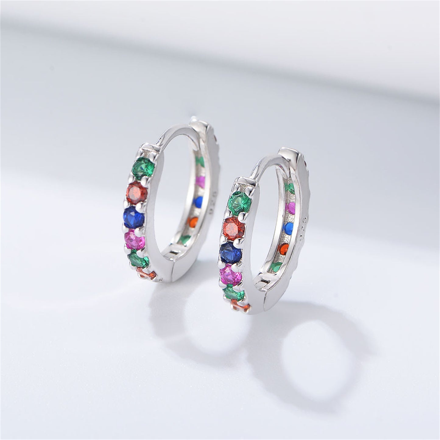 Sterling Silver Rainbow Cubic Zirconia Huggie Hoop Cuff Earrings 3 Tones