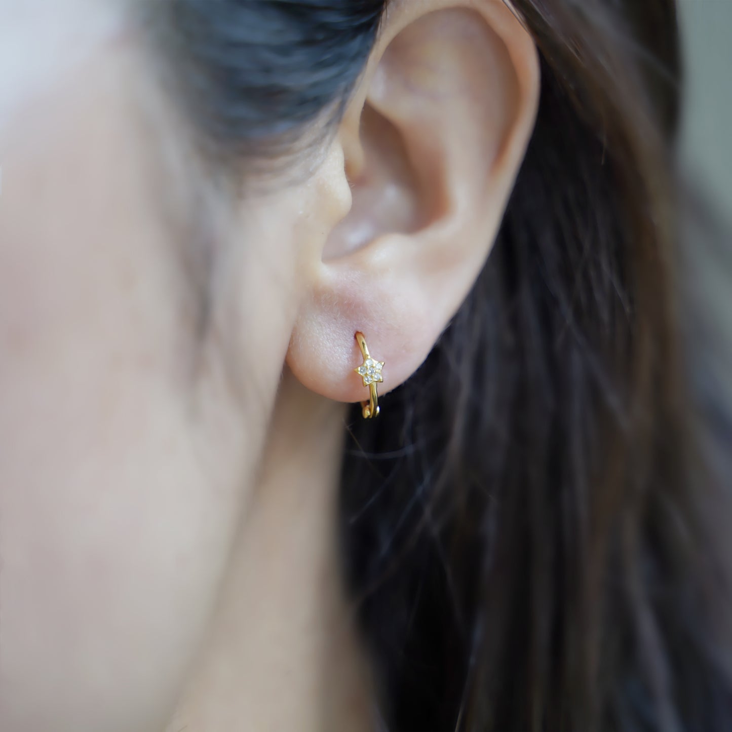 18K Gold on Sterling Silver Star CZ Hinged 9mm Hoop Huggie Earrings