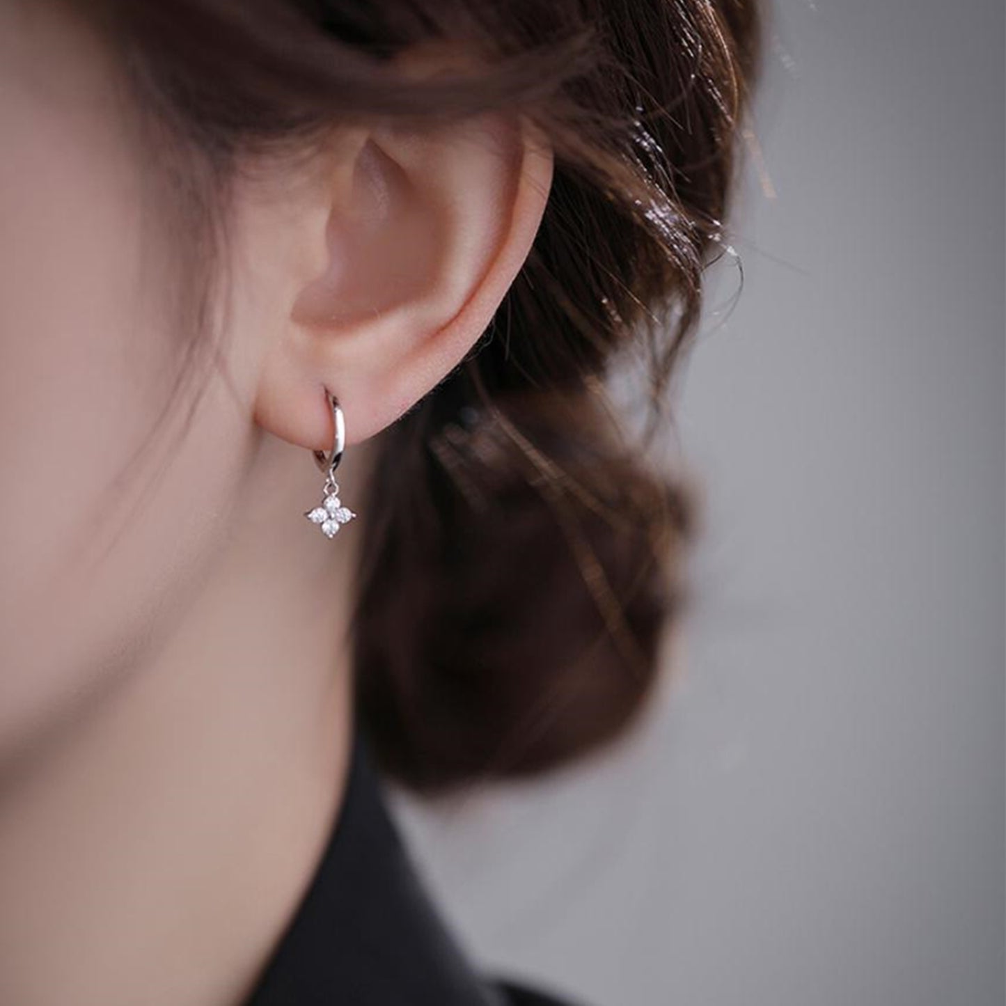 Sterling Silver Flower Hoop Earrings with CZ Charm - Hinged Huggie - 2 Tones
