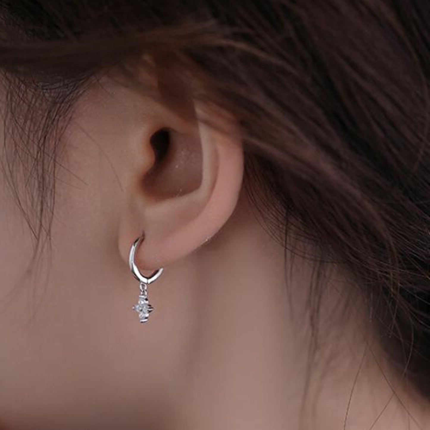 Sterling Silver Flower Hoop Earrings with CZ Charm - Hinged Huggie - 2 Tones