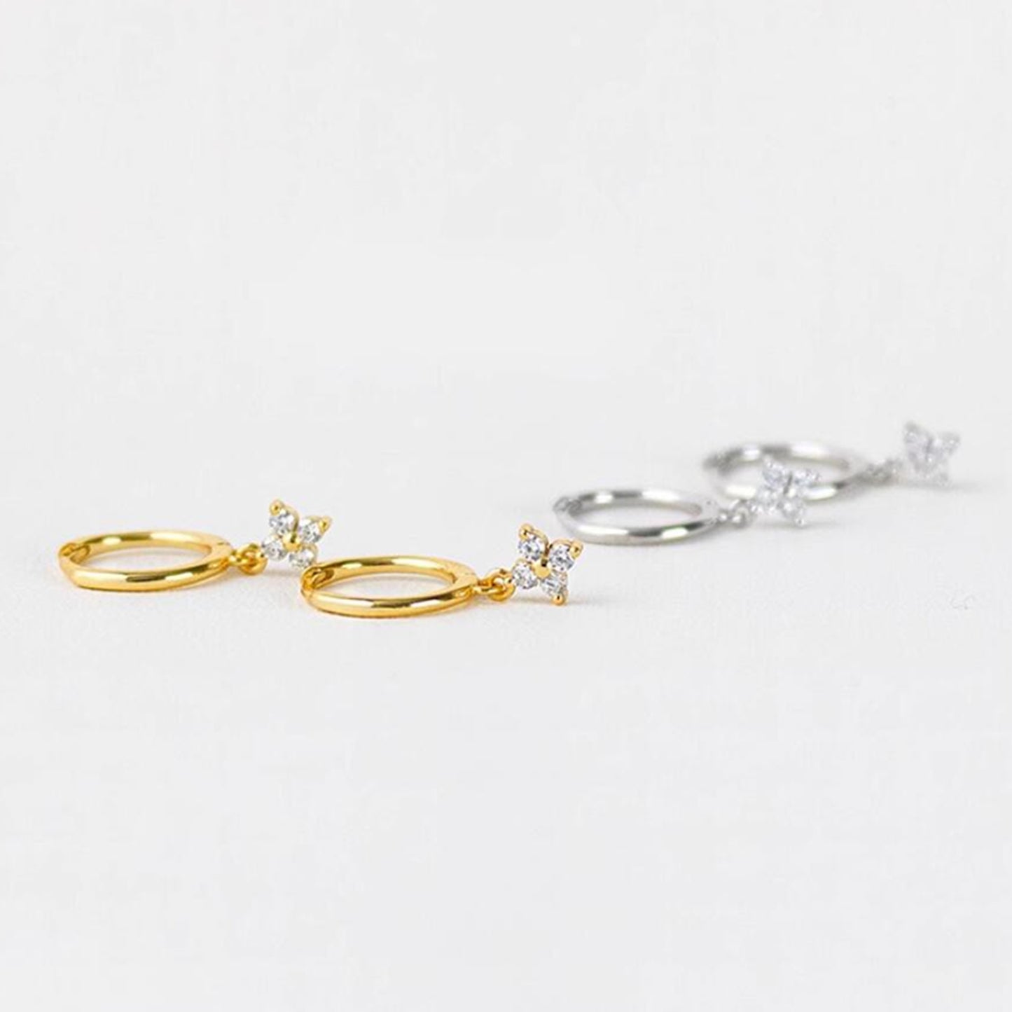 Sterling Silver Flower Hoop Earrings with CZ Charm - Hinged Huggie - 2 Tones