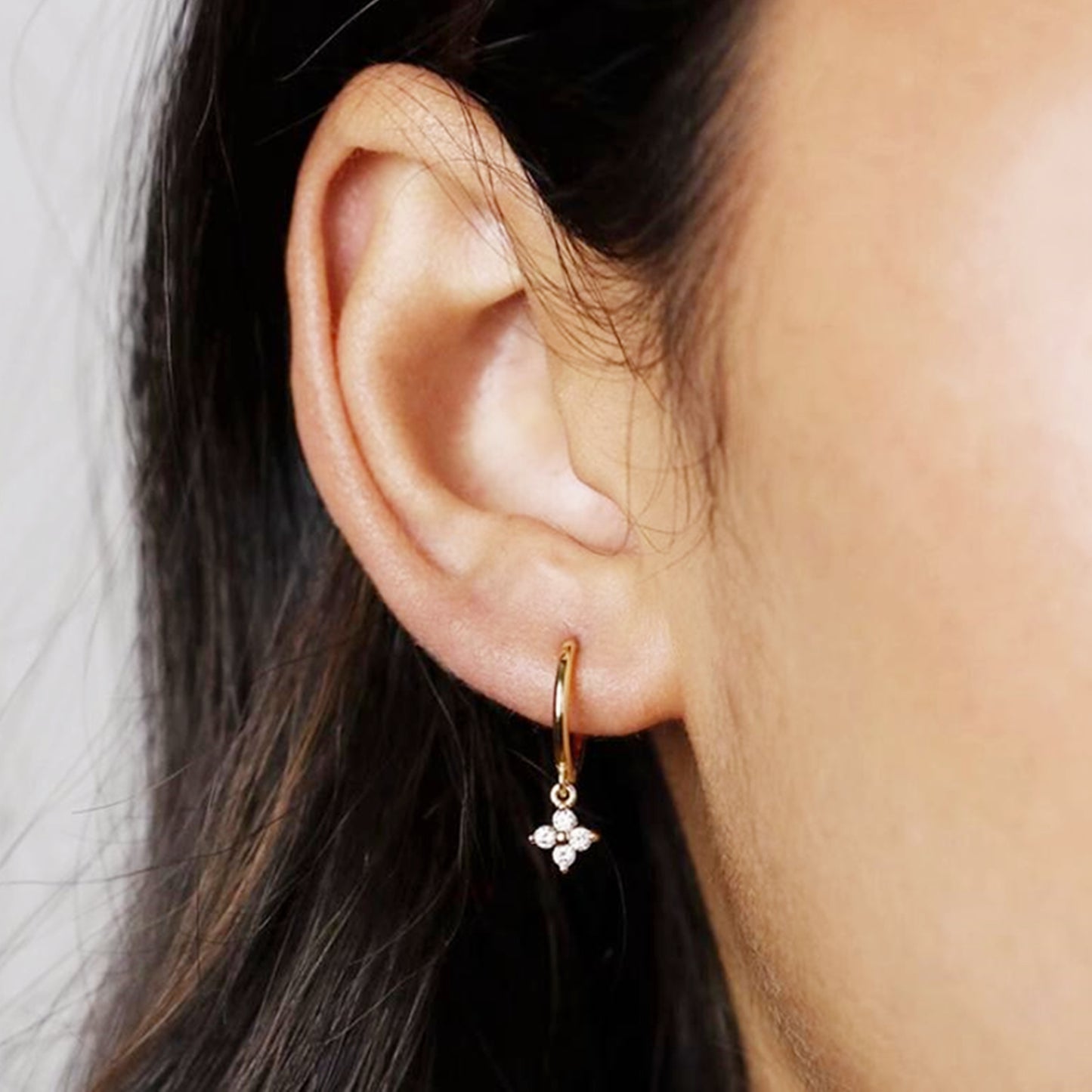 Sterling Silver Flower Hoop Earrings with CZ Charm - Hinged Huggie - 2 Tones