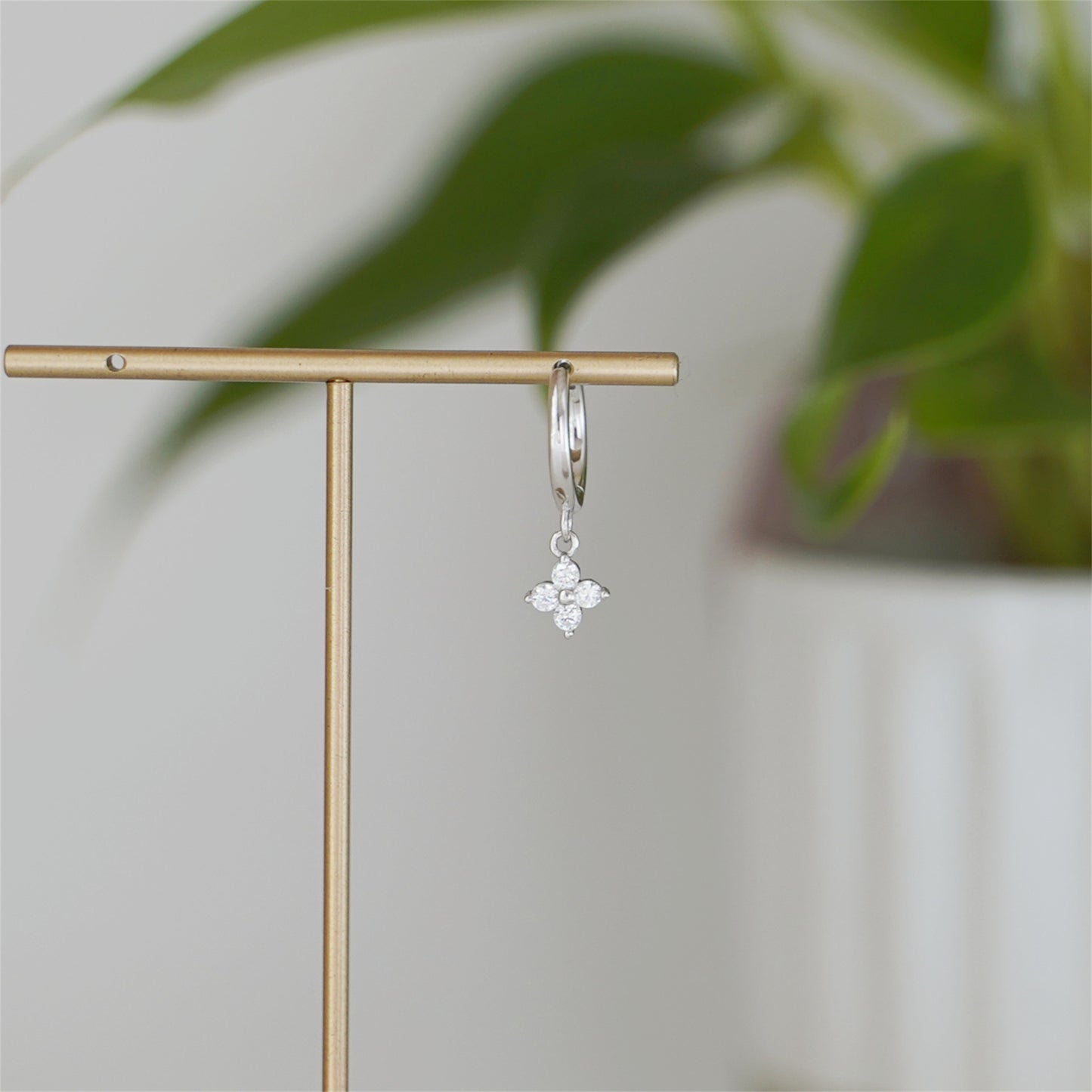 Sterling Silver Flower Hoop Earrings with CZ Charm - Hinged Huggie - 2 Tones