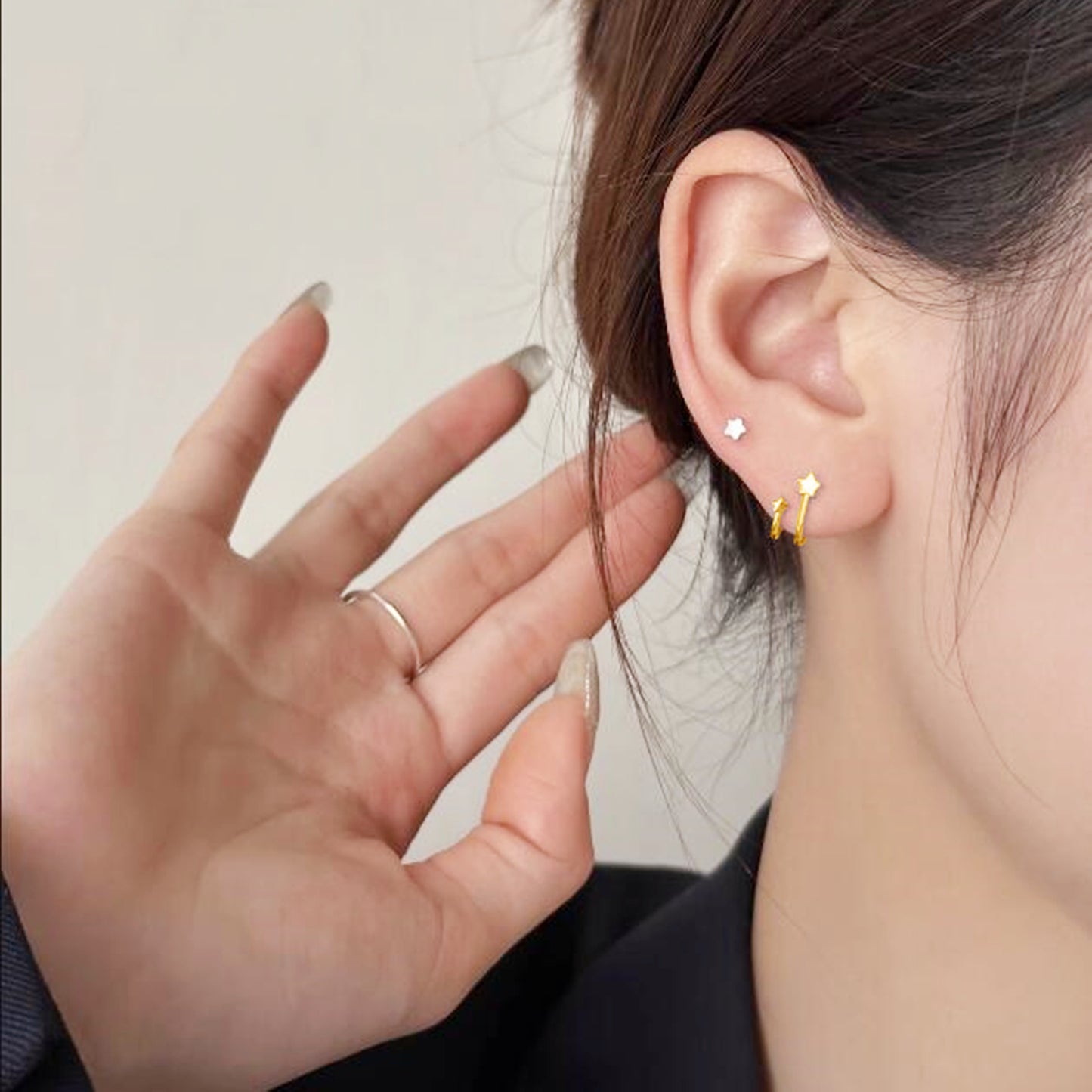 Sterling Silver Huggie Cuff Stud Earrings with Double Shooting Stars in 2 Tones
