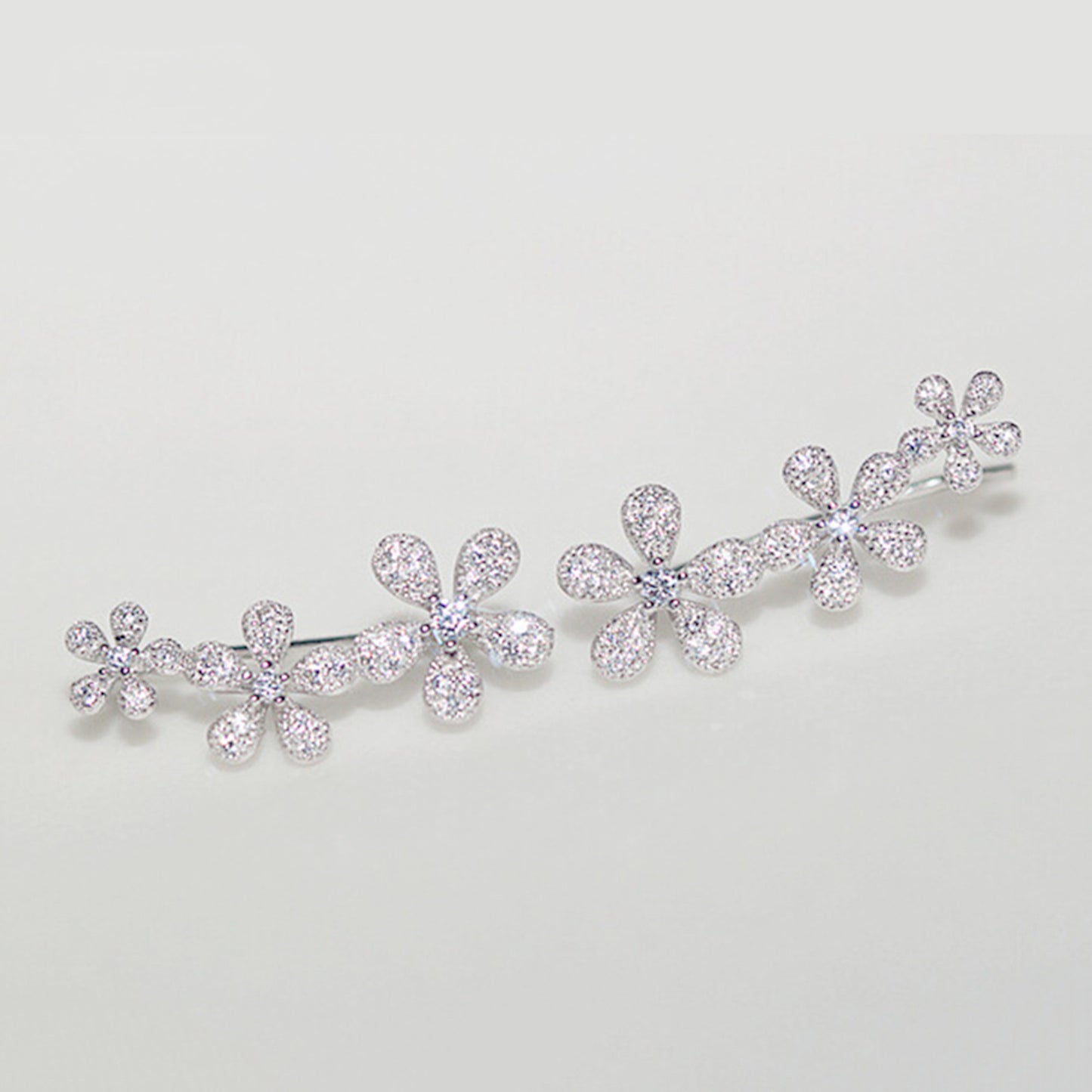 925 Sterling Silver Cuff Drop Earrings with Paved CZ Flowers