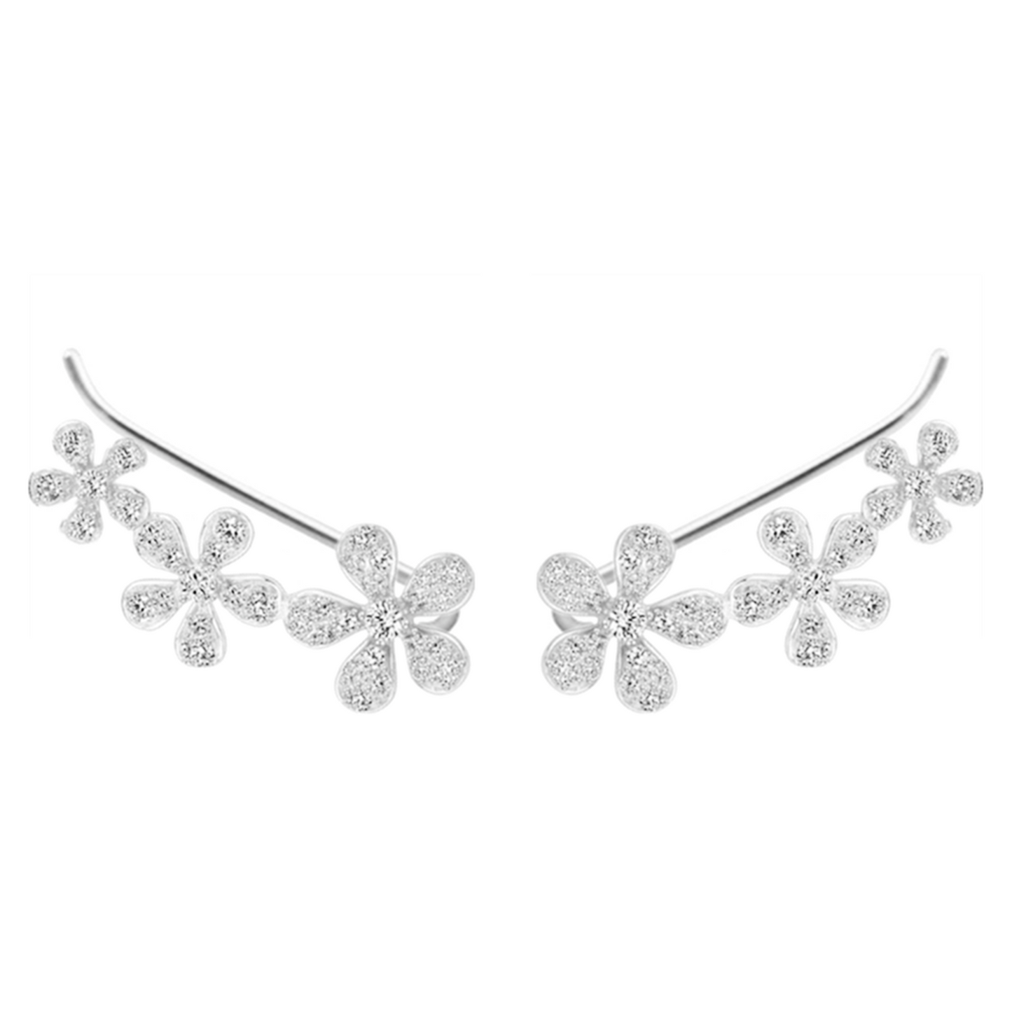 925 Sterling Silver Cuff Drop Earrings with Paved CZ Flowers