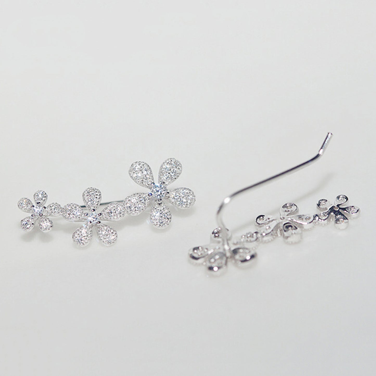 925 Sterling Silver Cuff Drop Earrings with Paved CZ Flowers